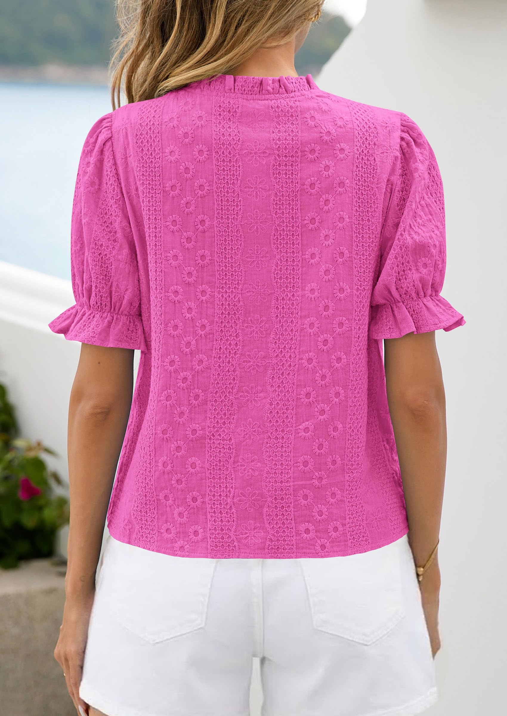 PRETTYGARDEN Womens Puff Short Sleeve Tops  Summer Spring Button Down Boho Embroidered Cute Blouse Dressy Casual Shirts