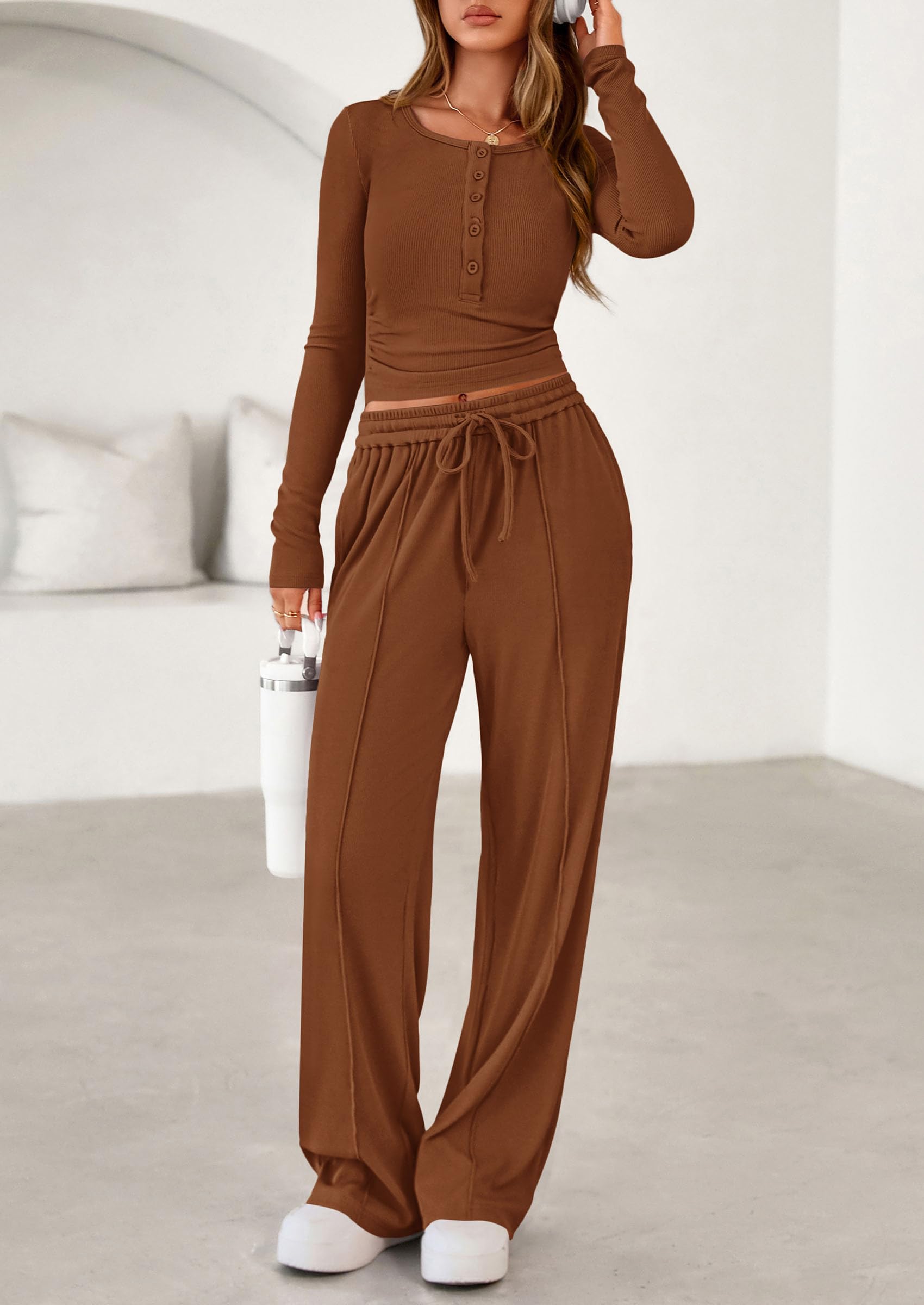PRETTYGARDEN Women's  Fall Trendy 2 Piece Outfits Lounge Sets Long Sleeve Top Henley Shirts Wide Leg Pants Travel Clothes