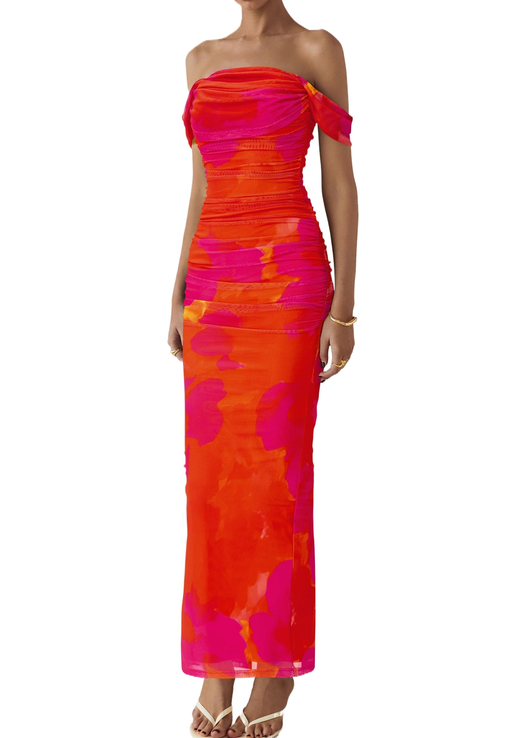 PRETTYGARDEN Cocktail Dresses for Women Summer Floral Off Shoulder Ruched Mesh Elegant Wedding Guest Maxi Dress