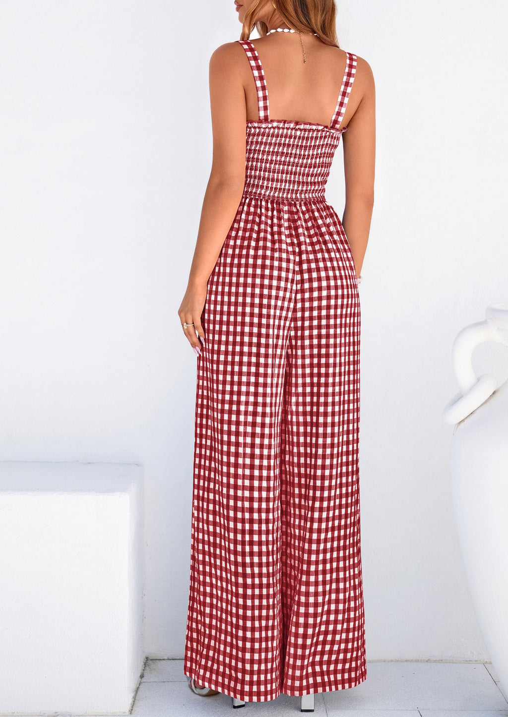 PRETTYGARDEN One Piece Jumpsuits for Women Casual Summer Cruise Outfits  Spring Fashion Smocked Wide Leg Gingham Rompers