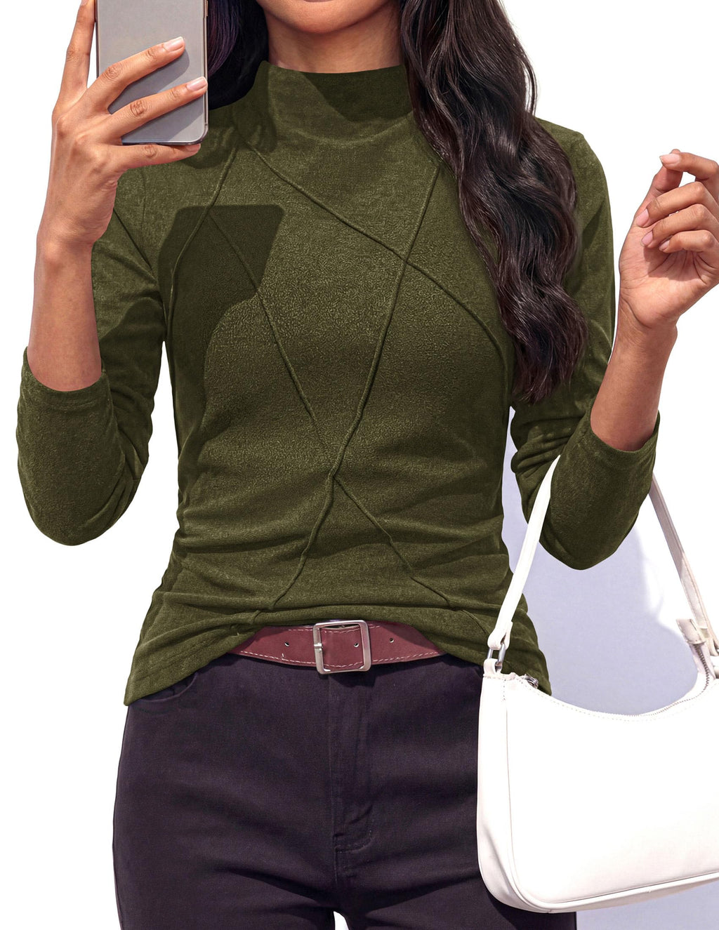 PRETTYGARDEN Women's Fall Mock Neck Long Sleeve Shirts | Soft Stretchy Knit,Geometric Seam Stitching,Slim Fitted Basic Tees,Thermal Casual Wear,Daily Work Layering Winter Tunic Top