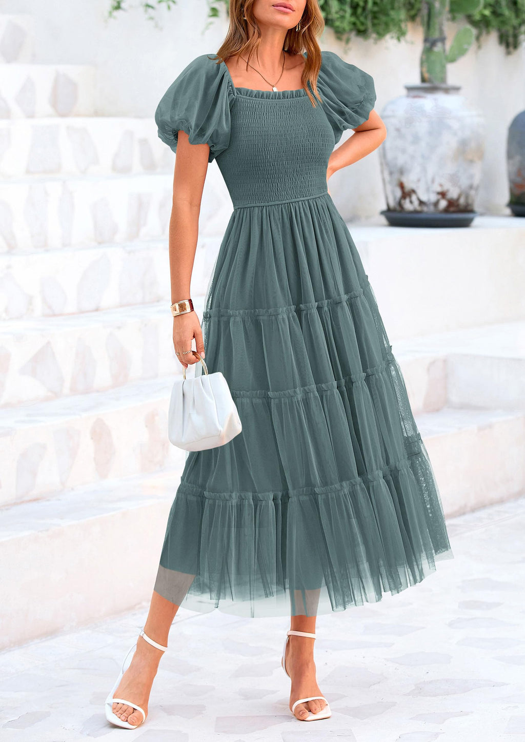 PRETTYGARDEN Women's Smocked Midi Tulle Dress  Summer Puffy Short Sleeve Square Neck Ruffle Wedding Guest Party Dresses