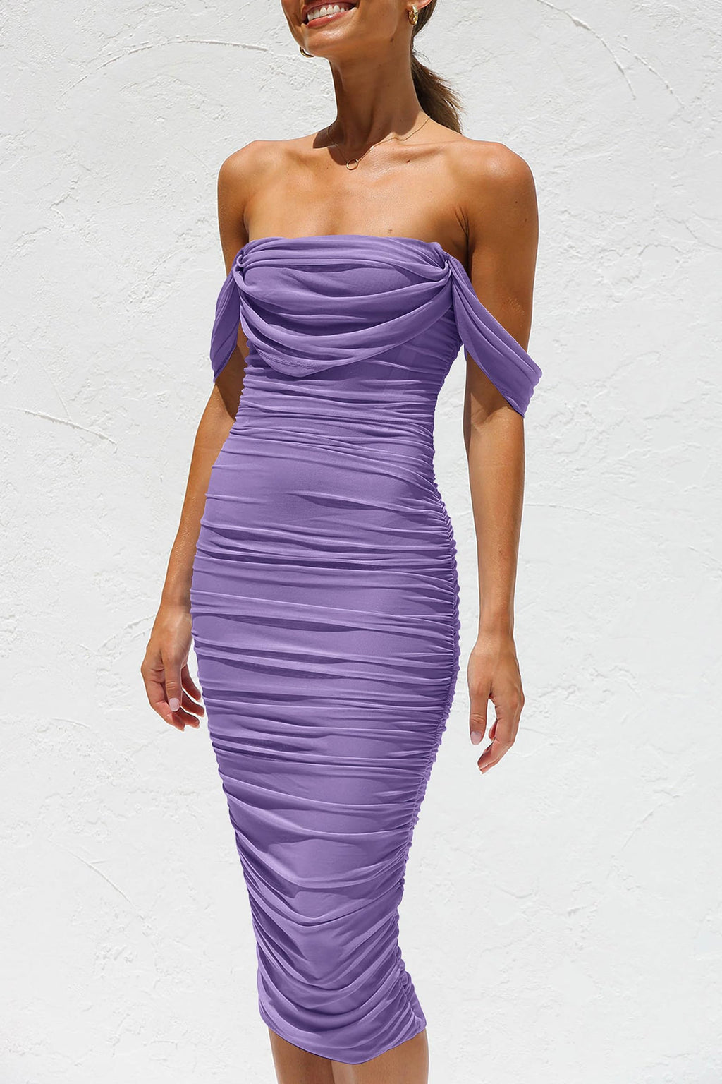 PRETTYGARDEN Summer Wedding Guest Dresses for Women  Off the Shoulder Ruched Bodycon Spring Midi Cocktail Party Dress