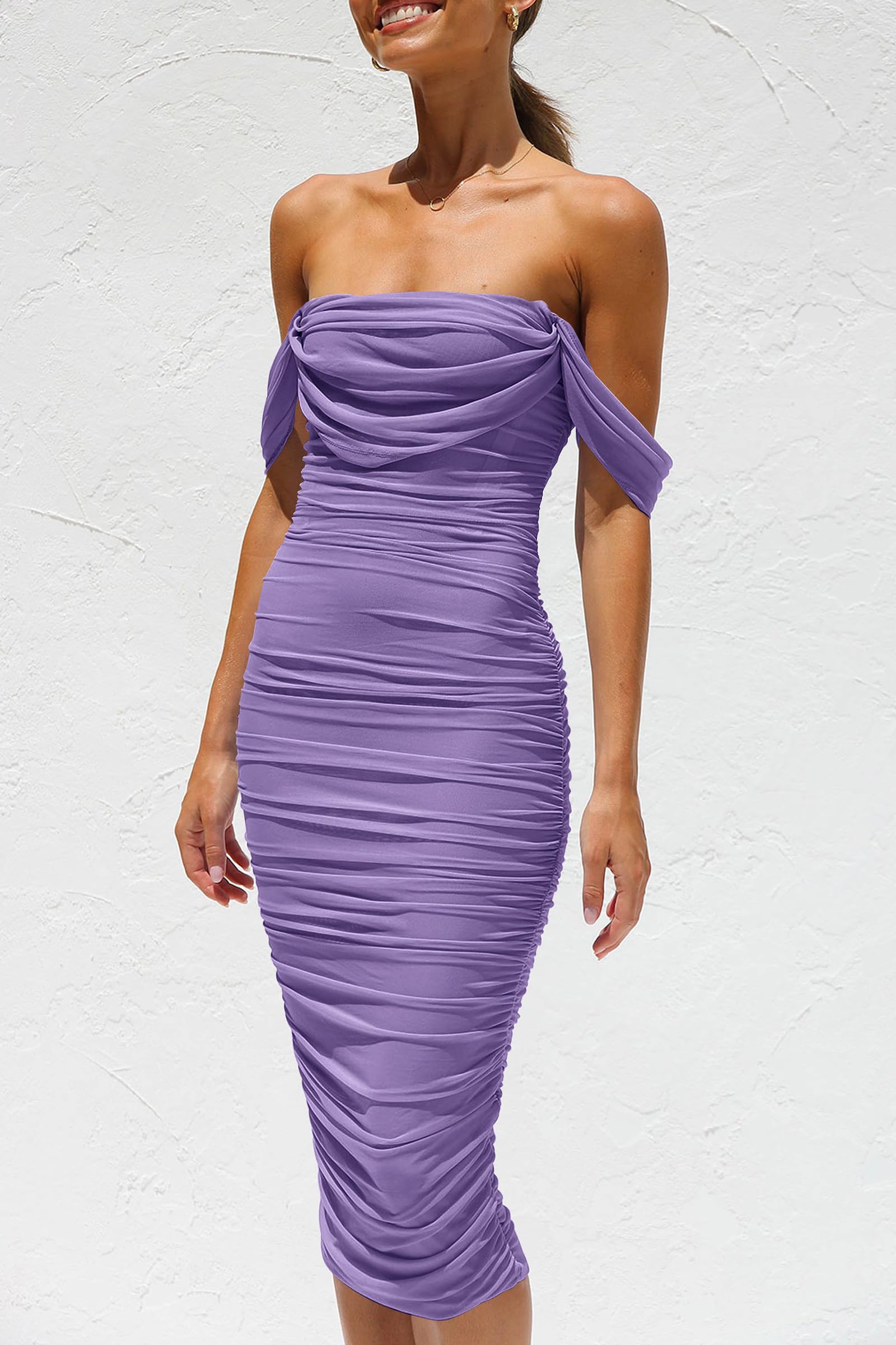 PRETTYGARDEN Summer Wedding Guest Dresses for Women  Off the Shoulder Ruched Bodycon Spring Midi Cocktail Party Dress