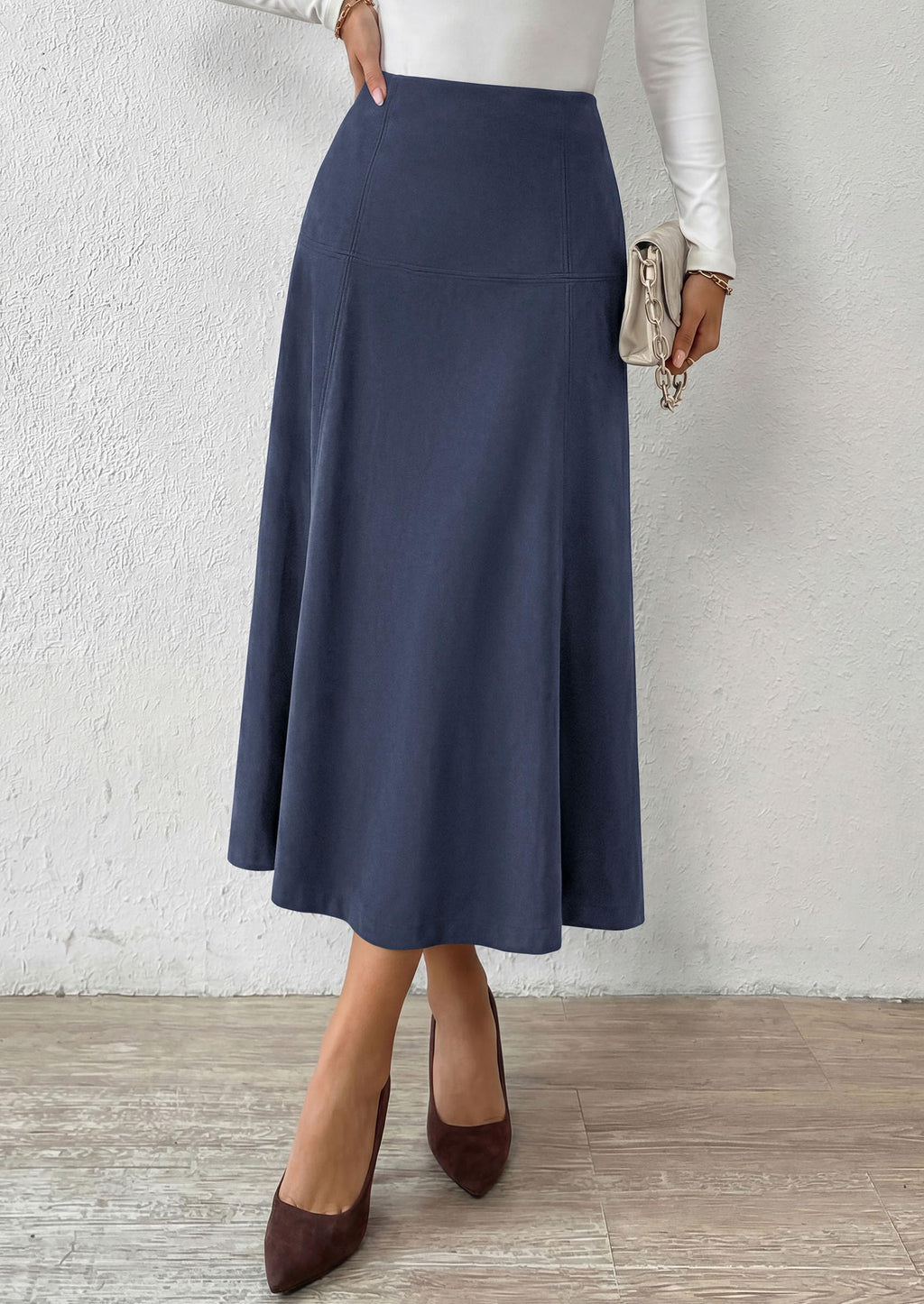 PRETTYGARDEN Womens High Waist Faux Suede A Line Midi Skirt | Hidden Stretch Elastic Waist, Front Back Panel Stitching, Vintage Elegant Mid-Calf Long Skirts for Fall Winter Office Daily