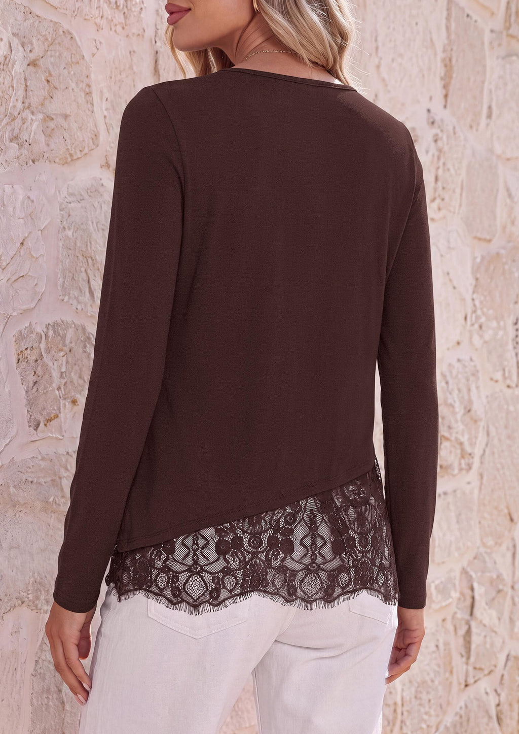 PRETTYGARDEN Women's Lace Patchwork Long Sleeve Shirts | Soft Casual Tops,Irregular Asymmetrical Hem,Crew Neck Thermal Blouses,Loose Fit Layer Tee,Fashion Fall Winter Daily Wear
