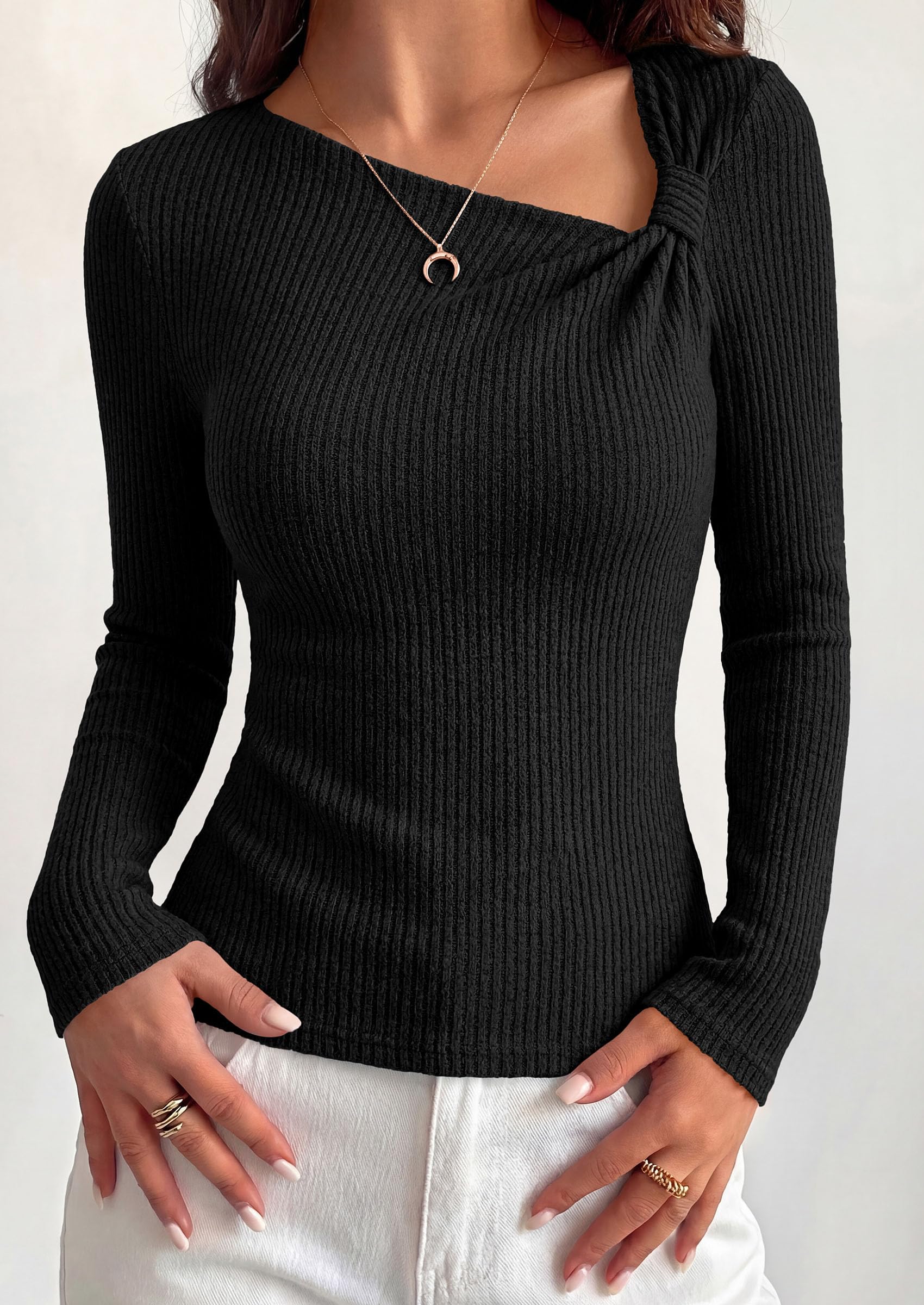 PRETTYGARDEN Womens  Early Fall Fashion Long Sleeve T Shirts Asymmetrical Ribbed Fitted Trendy Going Out Tops Y2K Outfits