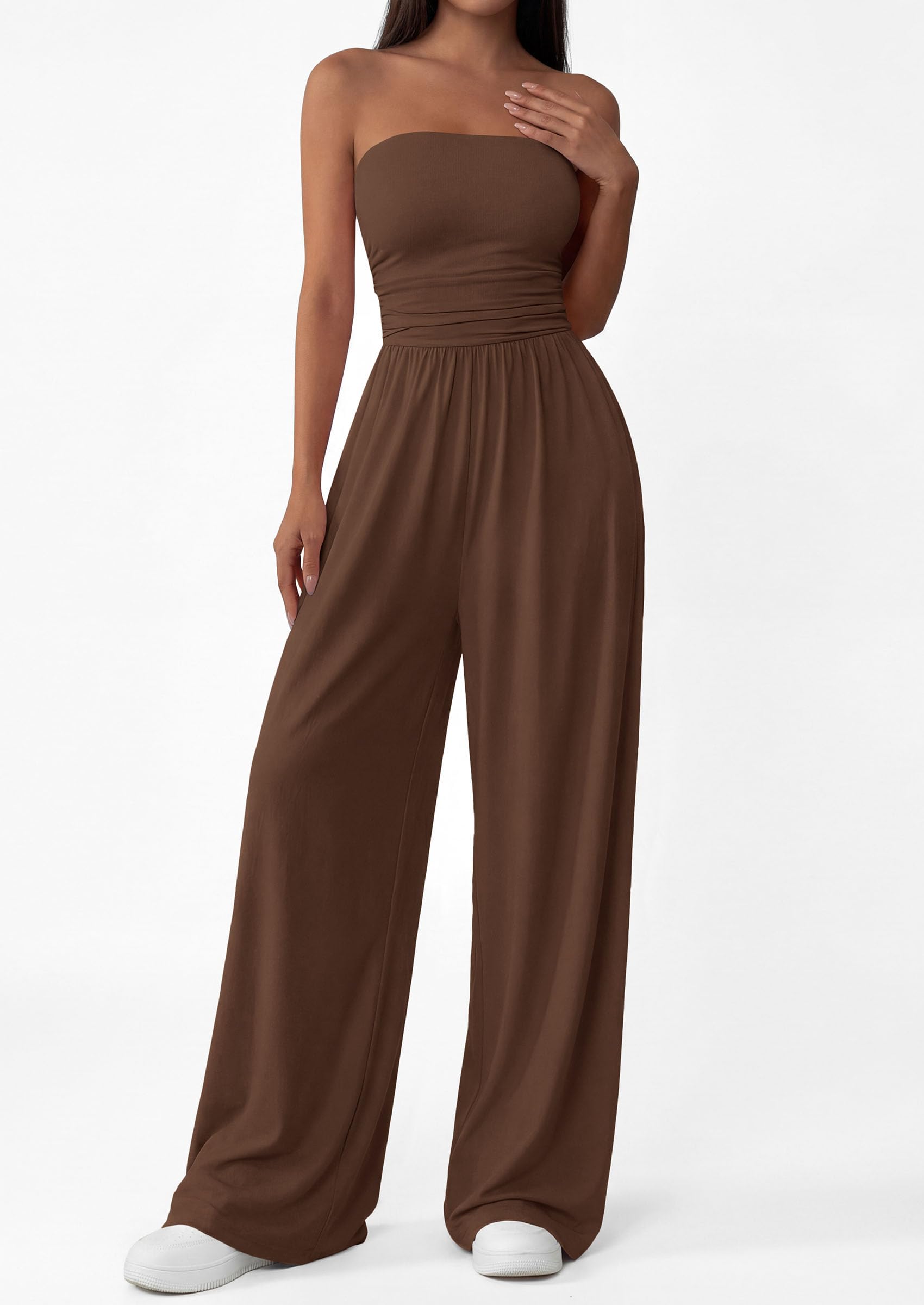 PRETTYGARDEN Womens Trendy Strapless Rompers Ruched Tube Top Wide Leg One Piece Jumpsuits Beach Vacation Summer Outfits