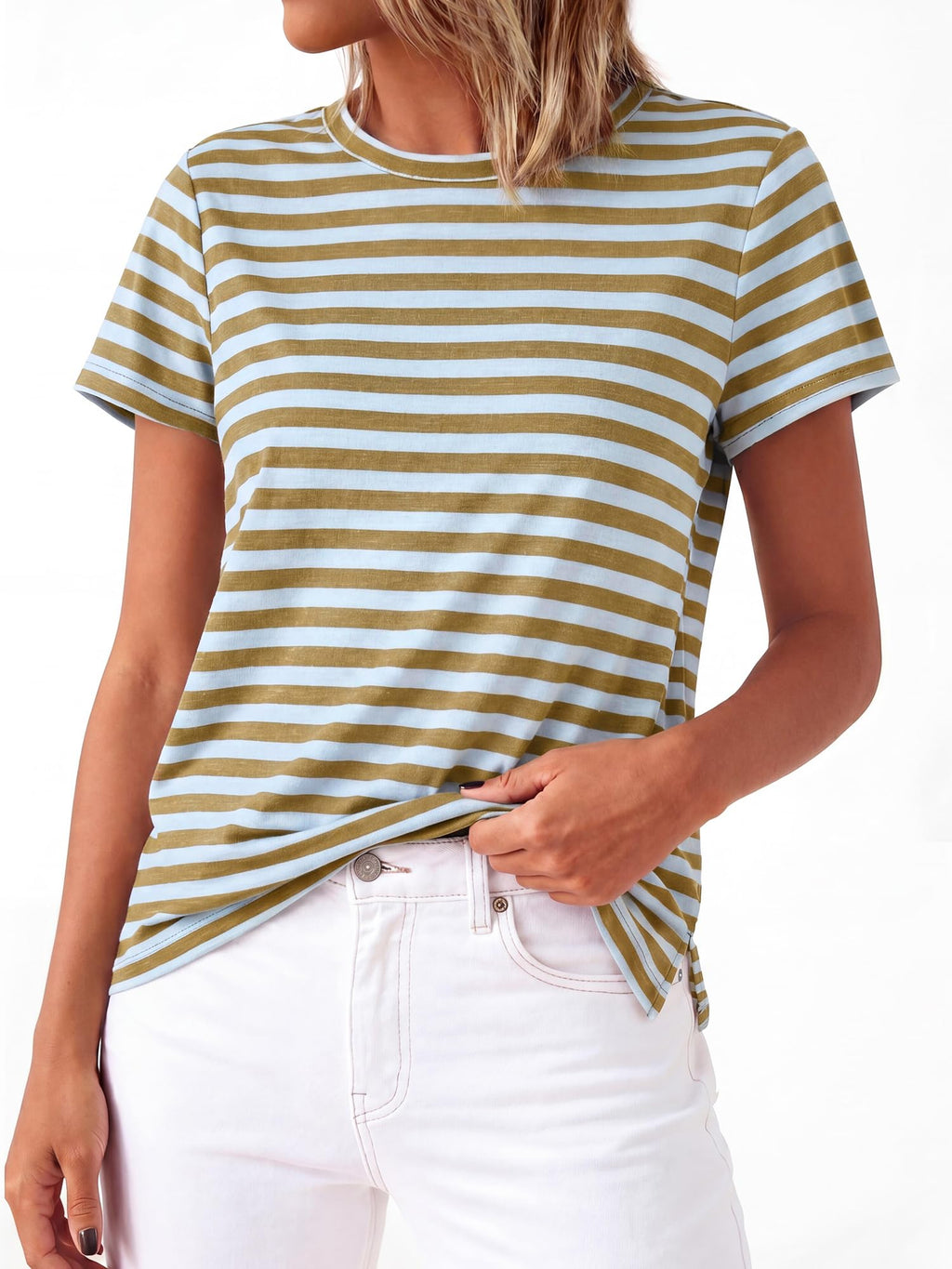 BTFBM Tops for Women Trendy Summer Crew Neck Short Sleeve T Shirts Striped Casual Vacation Blouse Basic Tee