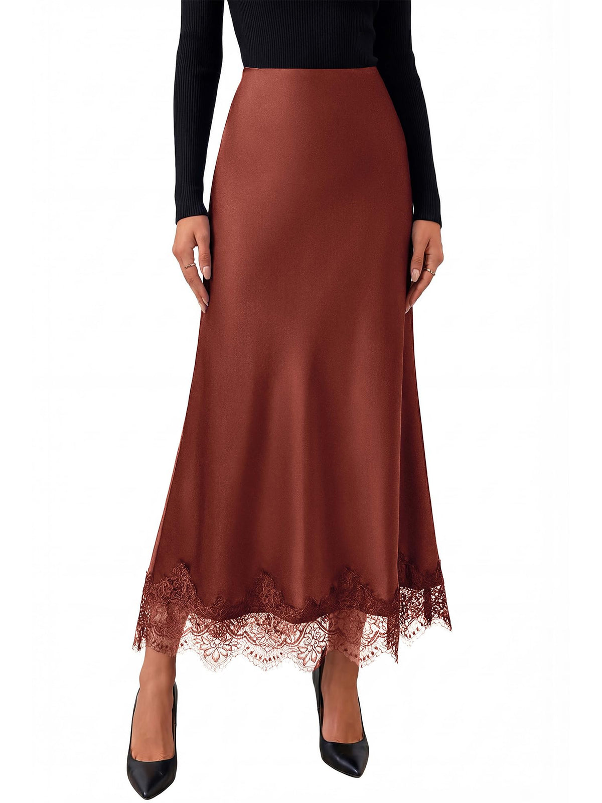 BTFBM Lace Trim Satin Skirts for Women Elegant | Lightweight, High Waist, A-Line, Flowy Maxi Skirt, Wedding, Cocktail, Graduation, Holiday Outfits, Fall Fashion Clothing