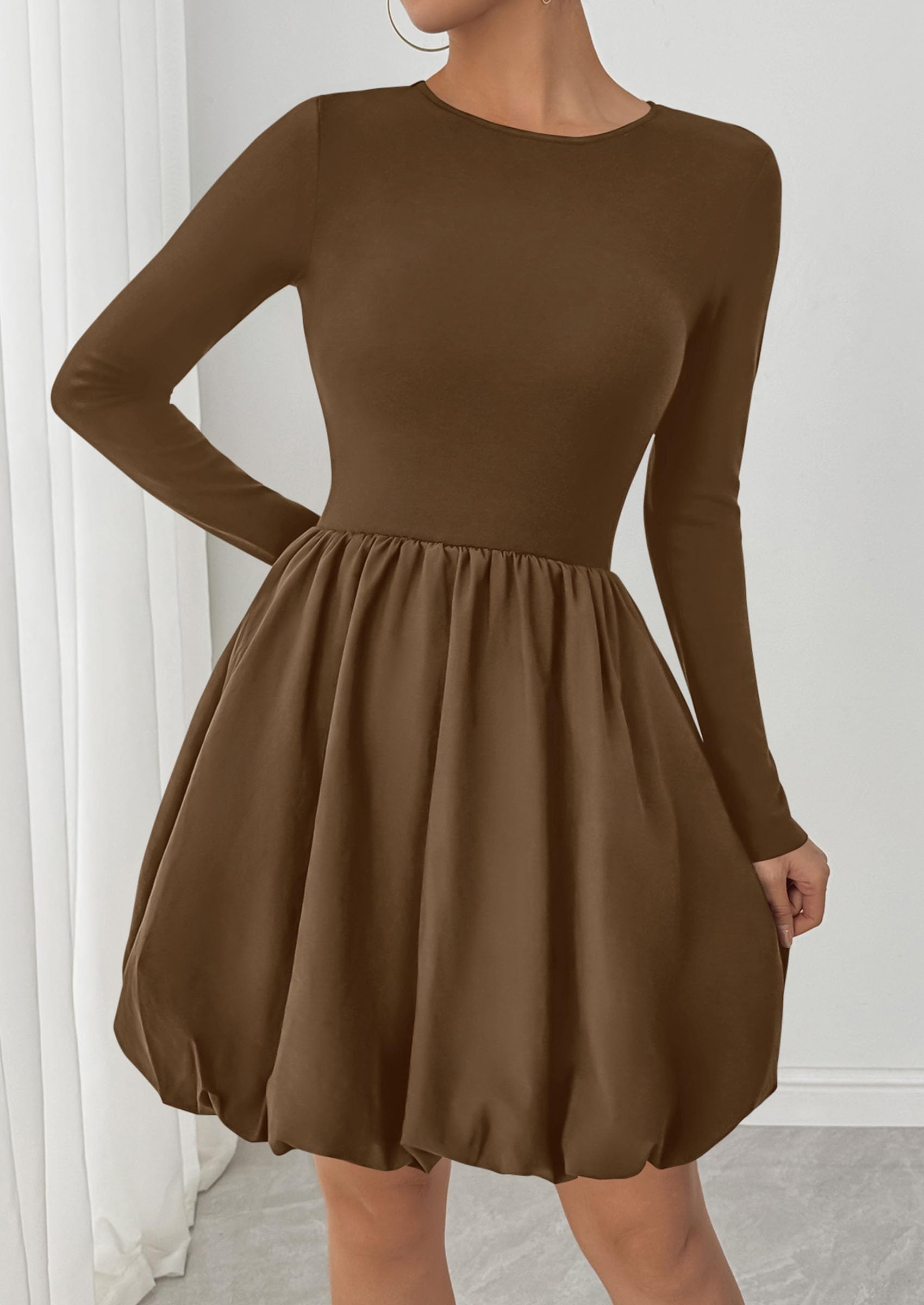 PRETTYGARDEN Fall Dresses for Women Casual Long Sleeve Bubble Cute Crew Neck A Line Mini Short Dress with Pockets