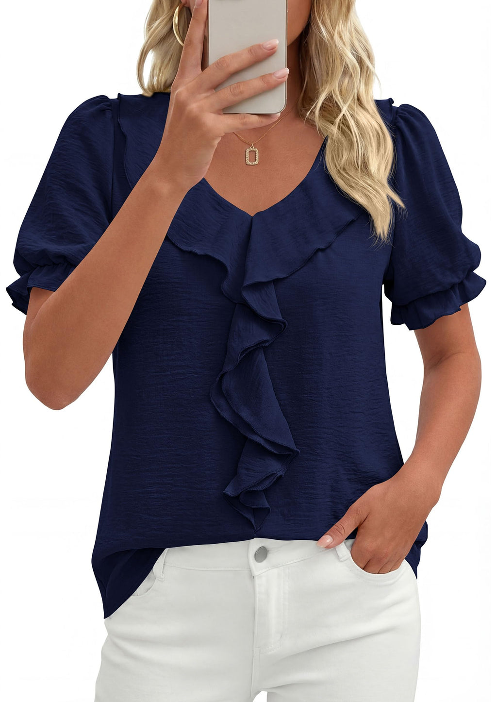 PRETTYGARDEN Women's Summer Dressy Casual Blouses Short Sleeve V Neck Ruffle Business Work Tops Trendy Spring Outfits