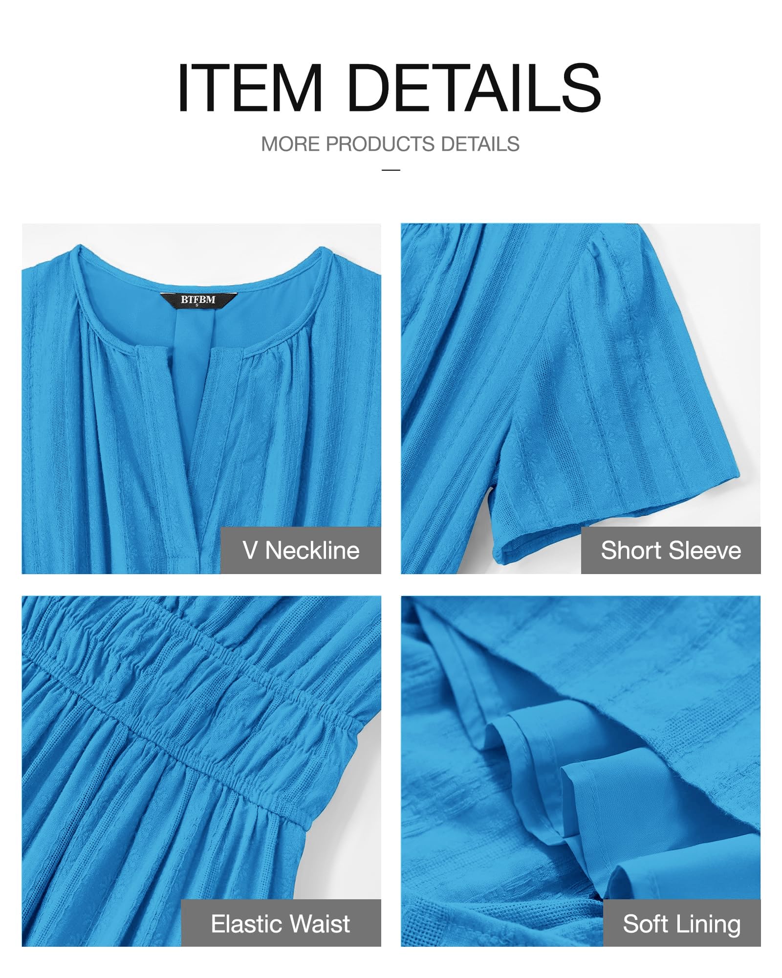 BTFBM Womens Summer Casual Midi Maxi Dresses Lightweight Short Sleeve V Neck Elastic Waist Boho Beach Dress Pockets