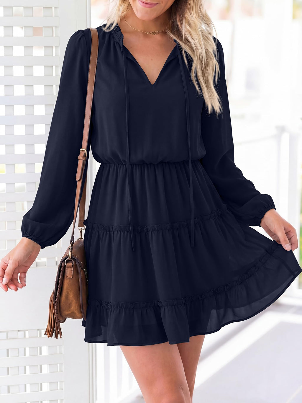 BTFBM Long Sleeve Summer Dresses for Women Casual Tie Neck Ruffle Tiered A Line Mini Spring Wedding Guest Dress