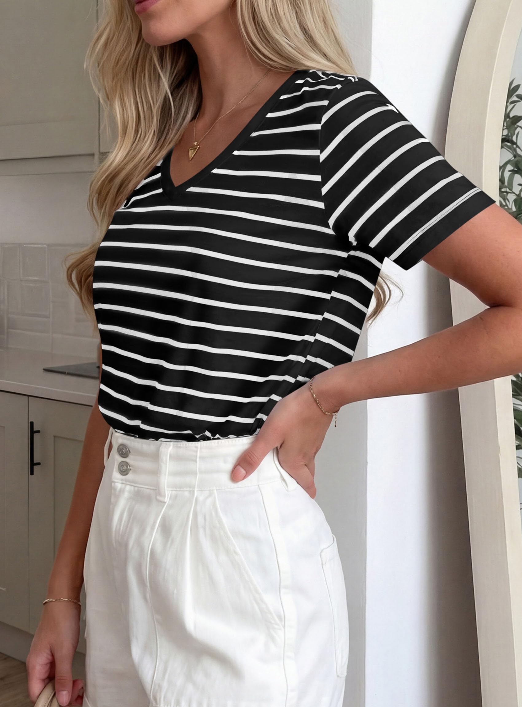 PRETTYGARDEN Short Sleeve Shirts for Women Spring V Neck Cute Tops Casual Striped Shirt Knitted Tees Summer Outfits