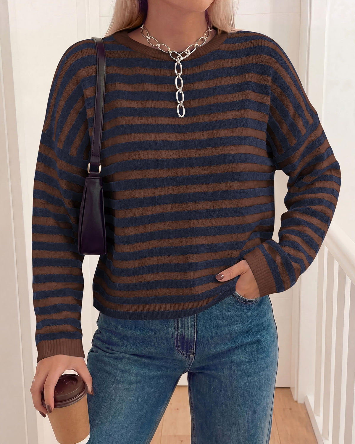 BTFBM Women's Lightweight Oversized Striped Sweater | Soft Knit Cozy Sweaters, Crew Neck Long Sleeve Pullover, y2k Color Block, Casual Holiday Outfits, Winter Fall Clothes