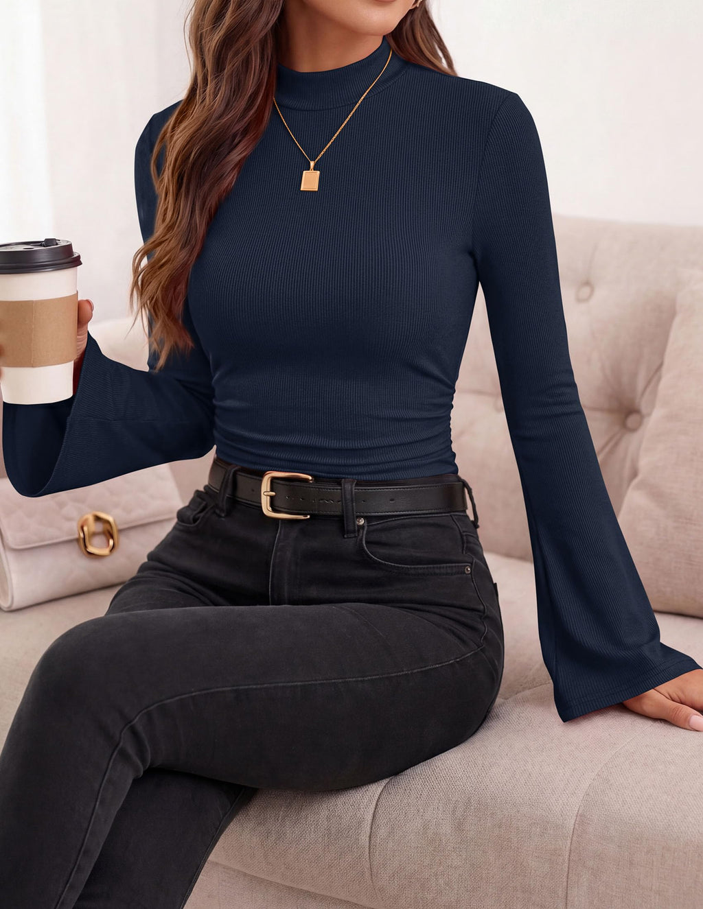 PRETTYGARDEN Womens Long Bell Sleeve Mock Neck Ribbed Tops