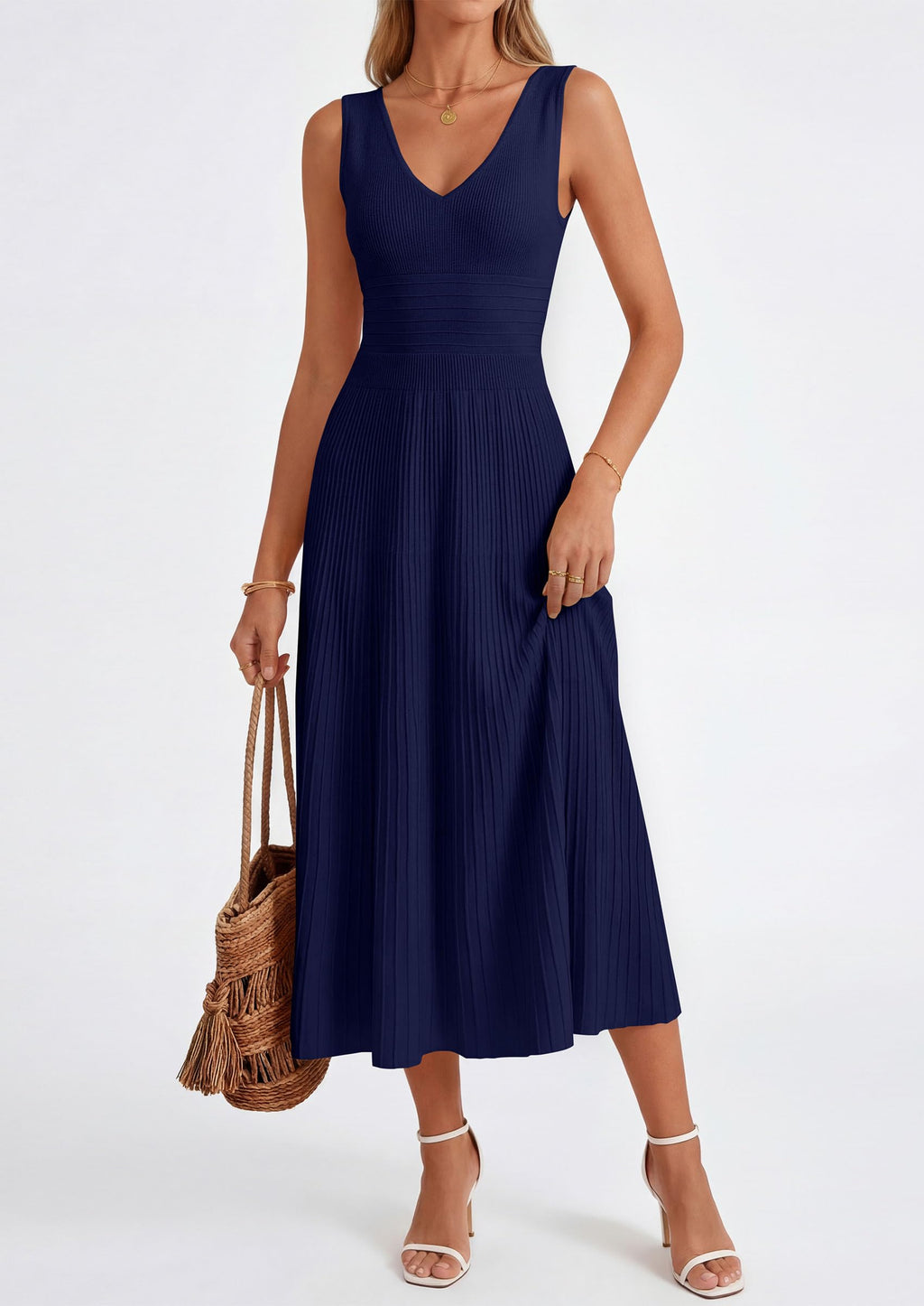 PRETTYGARDEN Women's Summer Casual Dresses Spring Sleeveless V Neck Knit Midi Business Work A Line Cocktail Dress
