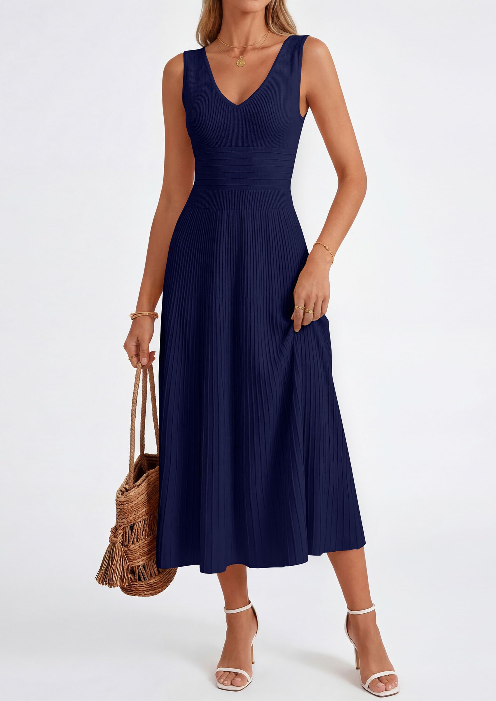 PRETTYGARDEN Women's Summer Casual Dresses Spring Sleeveless V Neck Knit Midi Business Work A Line Cocktail Dress