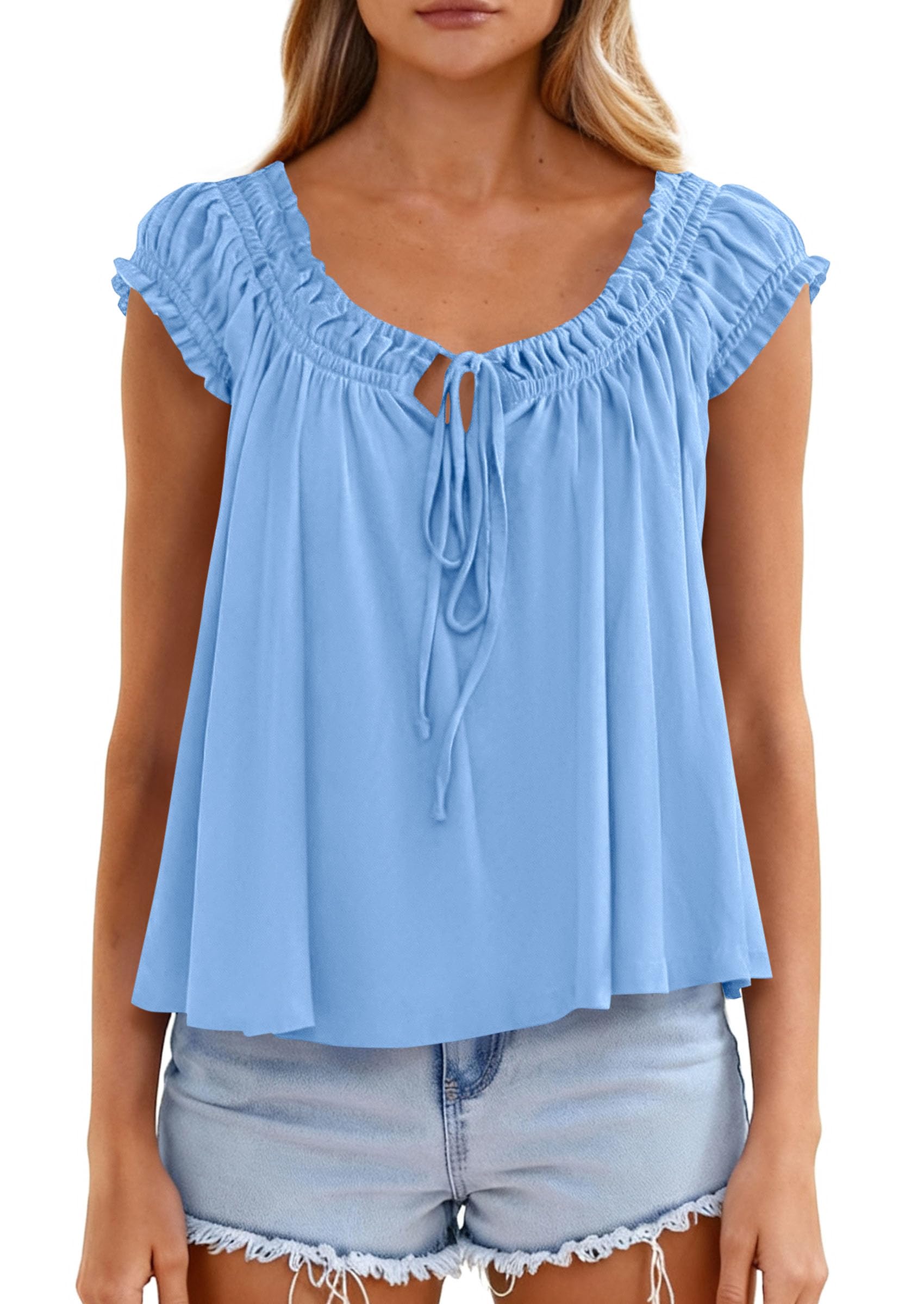 PRETTYGARDEN Women Babydoll Tops Summer Clothes Cap Sleeve Tie Front Flowy Tank Top Peplum Blouses Cute Going Out Shirts