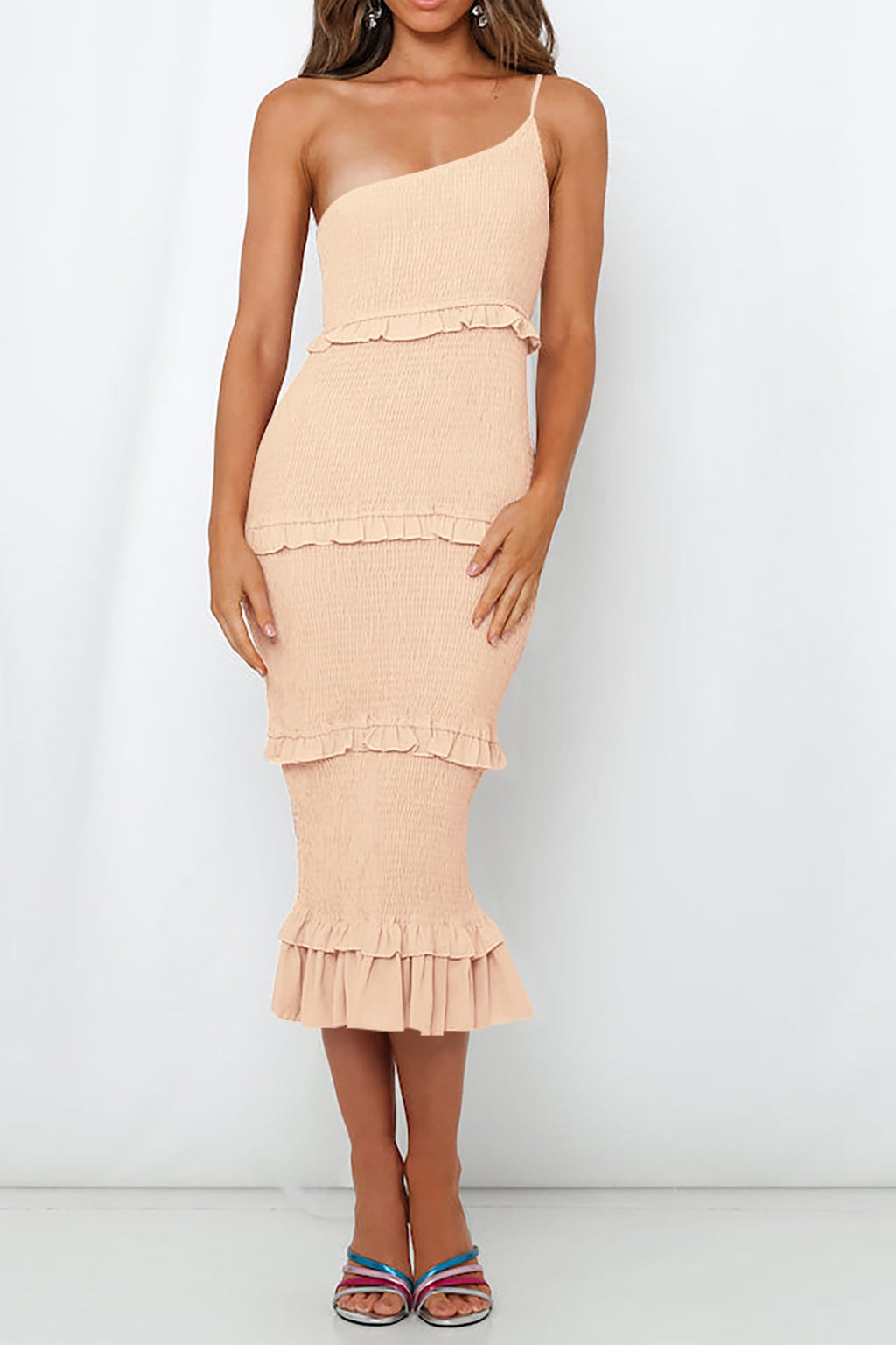 PRETTYGARDEN Women's Summer Midi Bodycon Dresses One Shoulder Strappy Tiered Ruffle Floral Boho Sun Dress