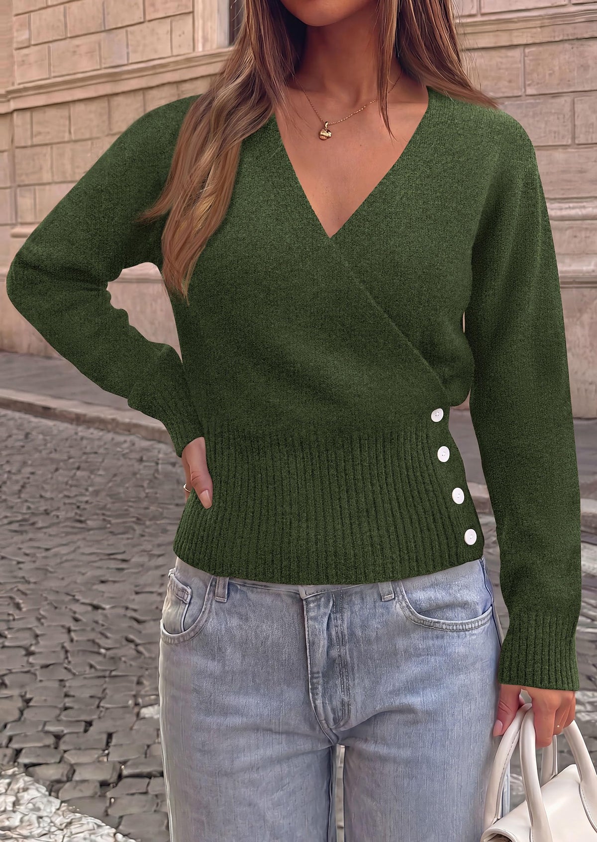 PRETTYGARDEN Women V Neck Wrap Sweater Cropped Tops，Fall Winter Fashion , Business Casual Outfits, Stretchy Soft knit, Wide Ribbed Hem with Side Buttons Pullover Sweaters