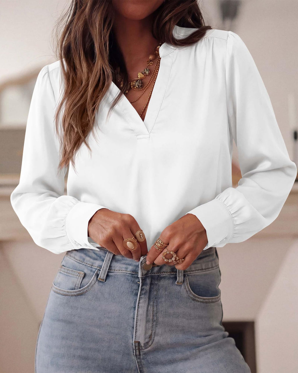 BTFBM Satin Blouses for Women Dressy Casual | Lightweight,V Neck,Long Sleeve Tops,Going Out Outfits,Fall Fashion Clothing