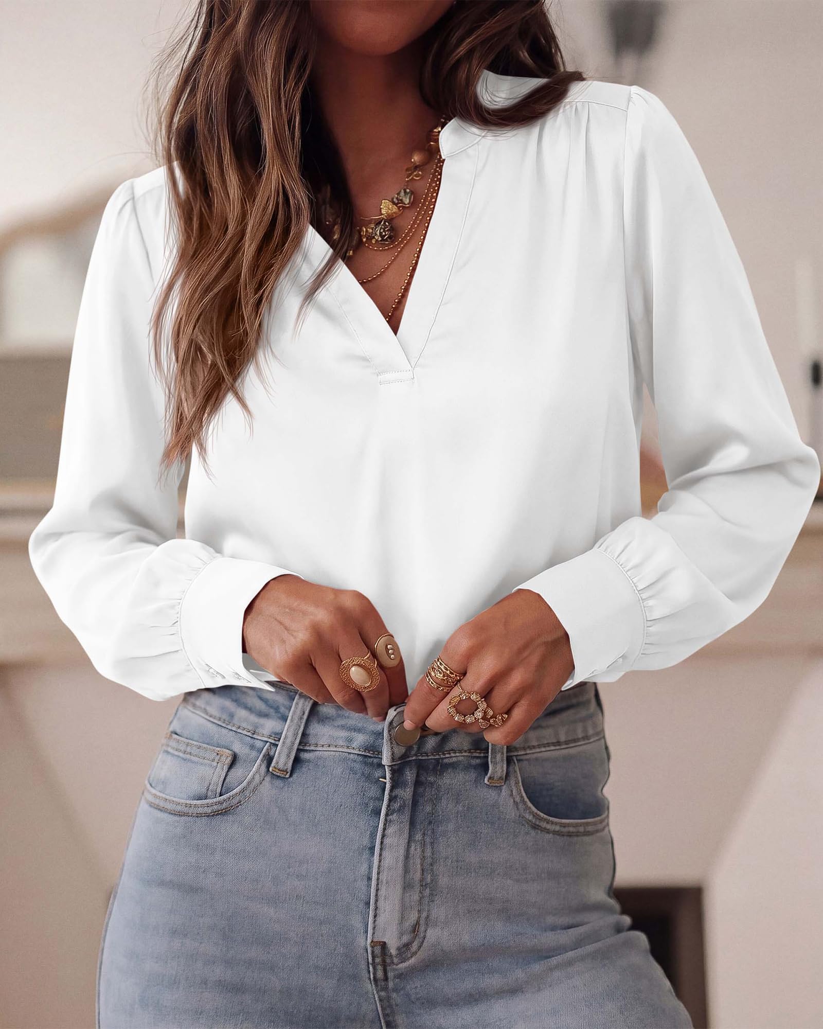 BTFBM Satin Blouses for Women Dressy Casual | Lightweight,V Neck,Long Sleeve Tops,Going Out Outfits,Fall Fashion Clothing