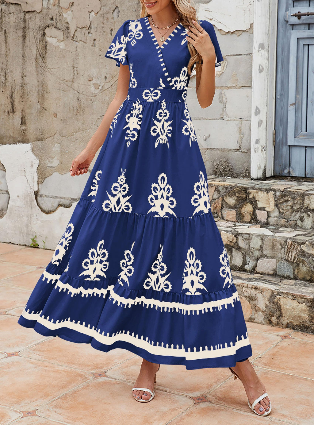 PRETTYGARDEN Womens Summer Casual V Neck Boho Maxi Dress Flowy Aline Bell Sleeve Tiered Floral Dresses with Pocket