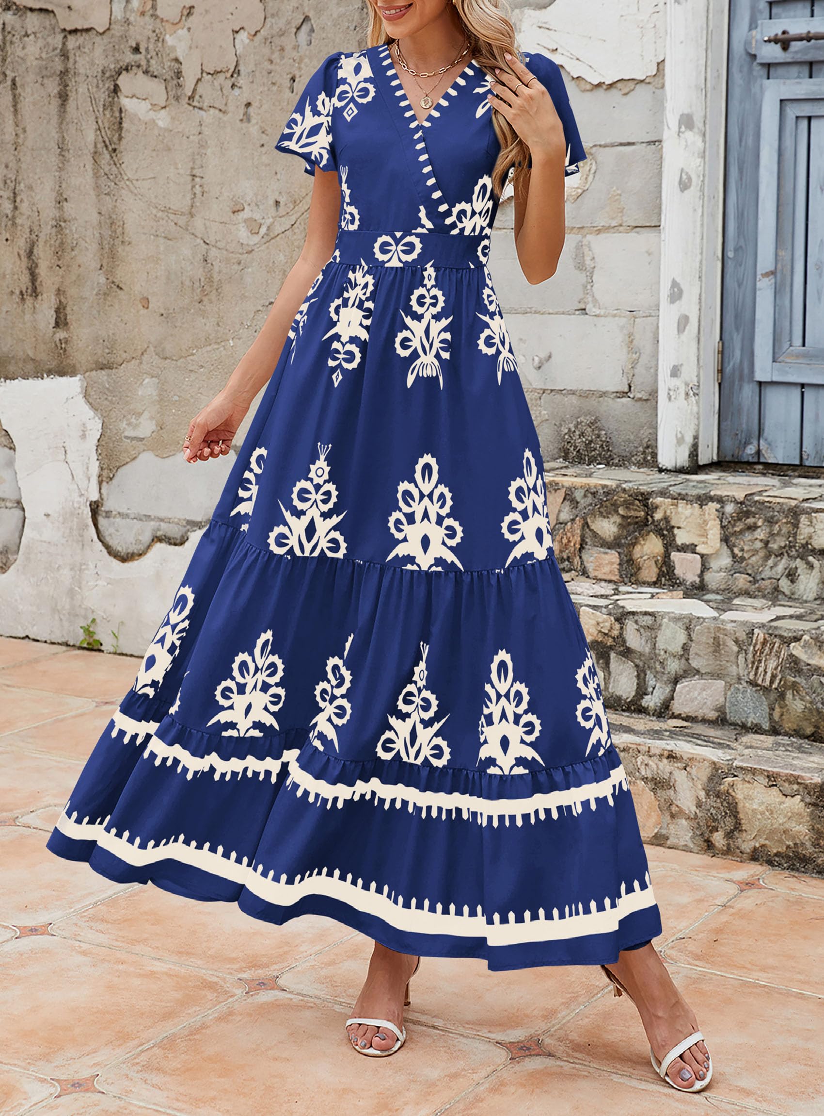 PRETTYGARDEN Womens Summer Casual V Neck Boho Maxi Dress Flowy Aline Bell Sleeve Tiered Floral Dresses with Pocket