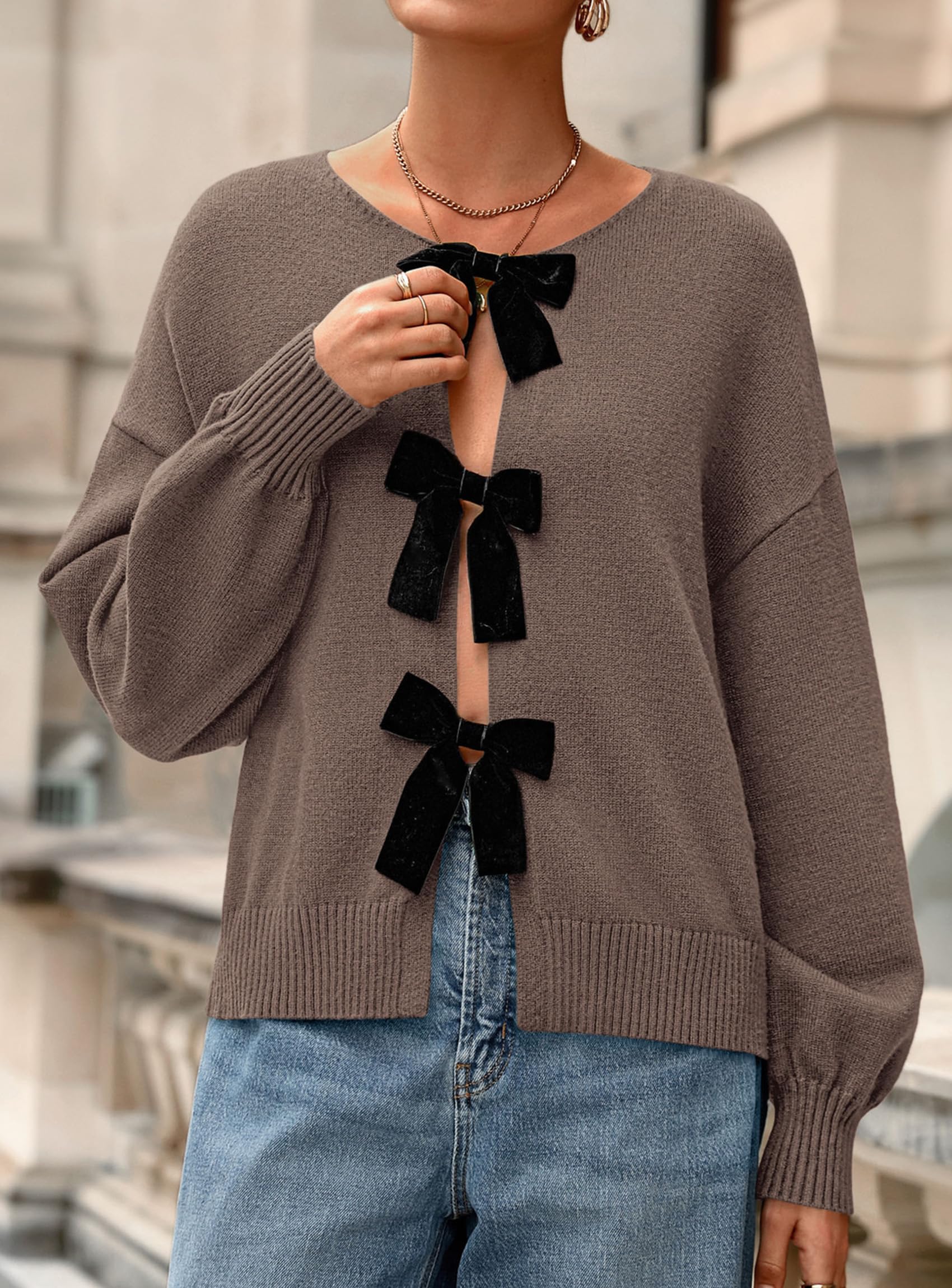 PRETTYGARDEN Cardigan Sweaters for Women Fall Fashion Bow Tie Front Long Sleeve Knit Sweater Tops Cute Winter Clothes