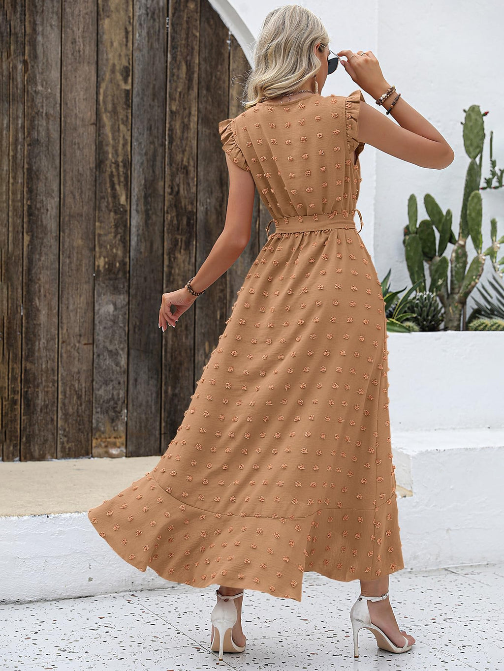 BTFBM Boho Dresses for Women Spring Fashion Cap Sleeve Swiss Dot Flowy Ruffle Beach Wedding Cocktail Maxi Dress
