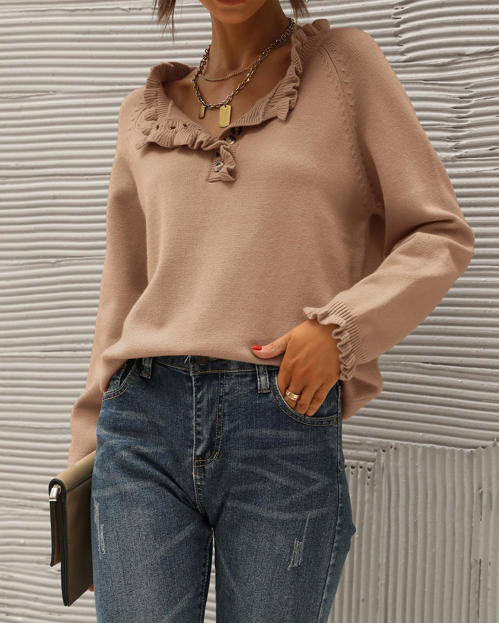 FreshPretty Womens Sweaters Fall Winter Clothes Long Sleeve Button Down Ruffle Crew Neck Casual Knitted Pullover Tops