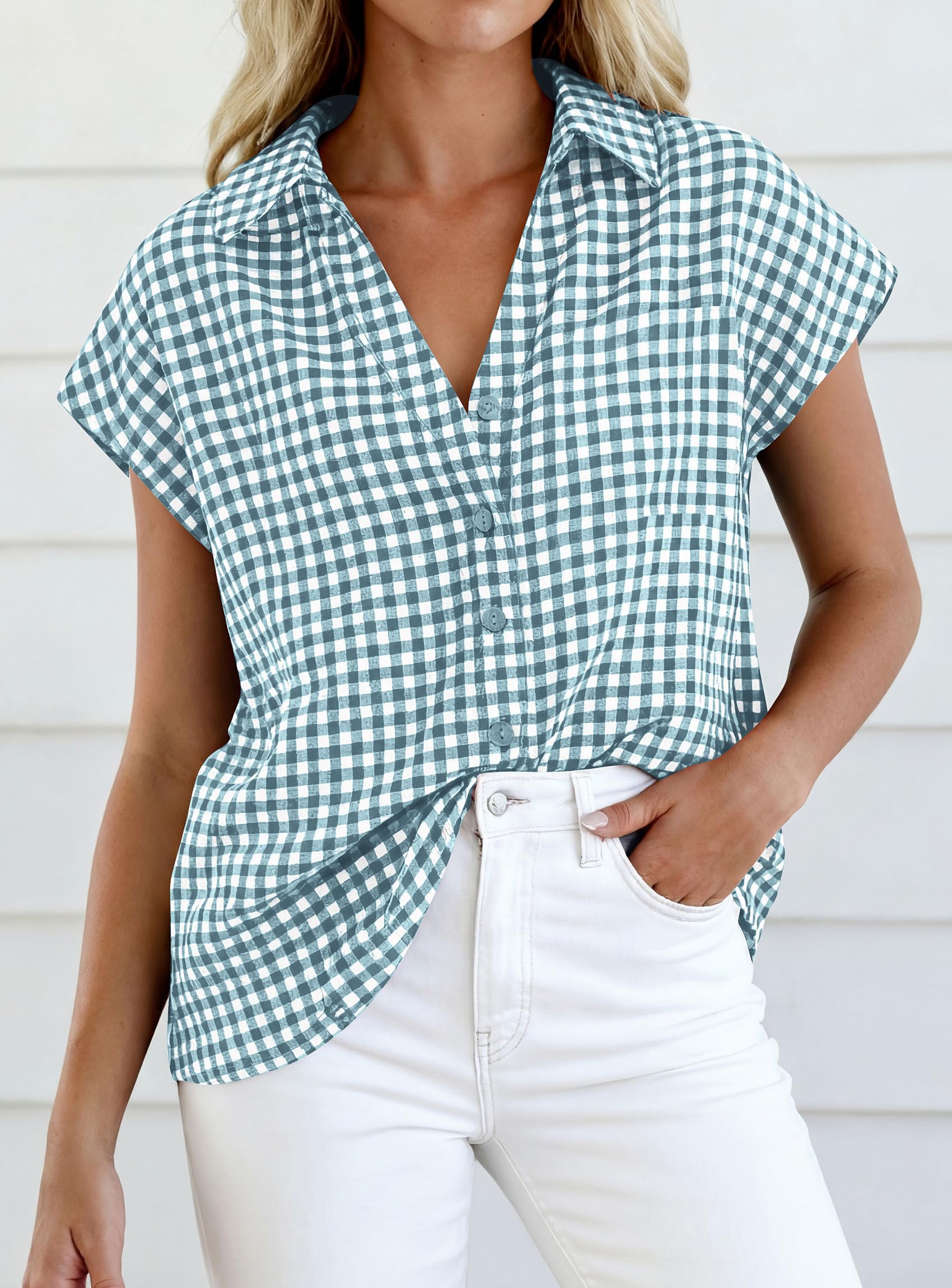 PRETTYGARDEN Womens Short Sleeve Shirts Plaid Button Down Blouse Dressy Casual Summer Spring Business Gingham Work Tops