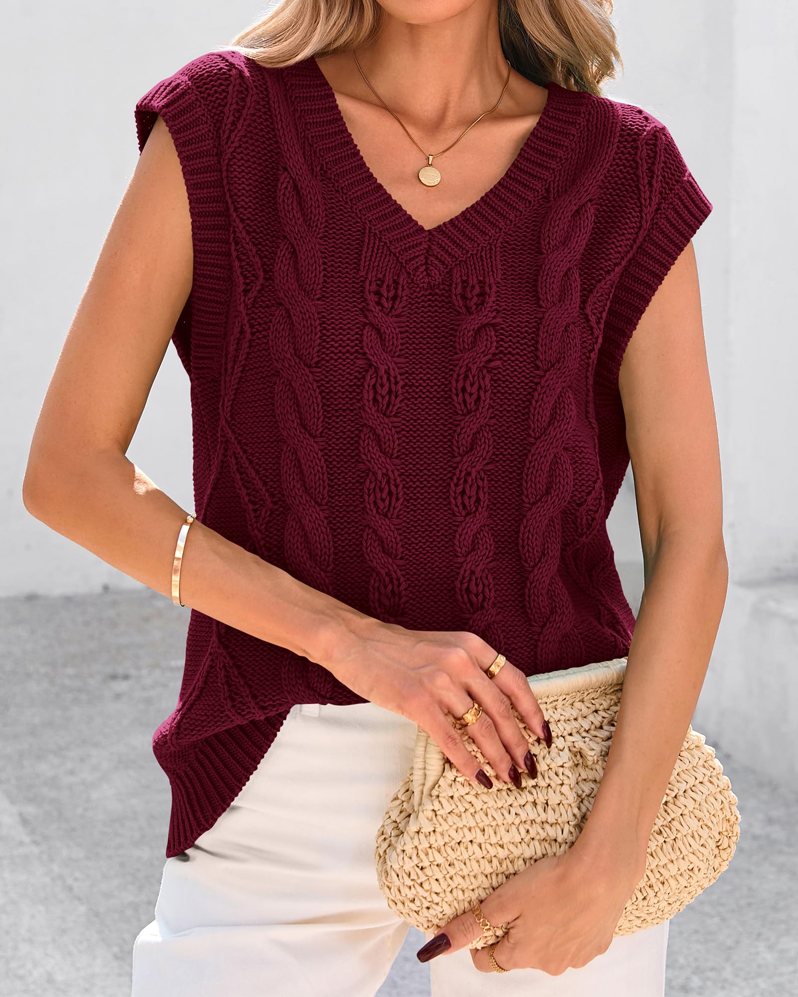 FreshPretty Sweater Vest Women Oversized V Neck Cable Knit Casual Pullover Sweaters Fall Outfits Sleeveless Tops