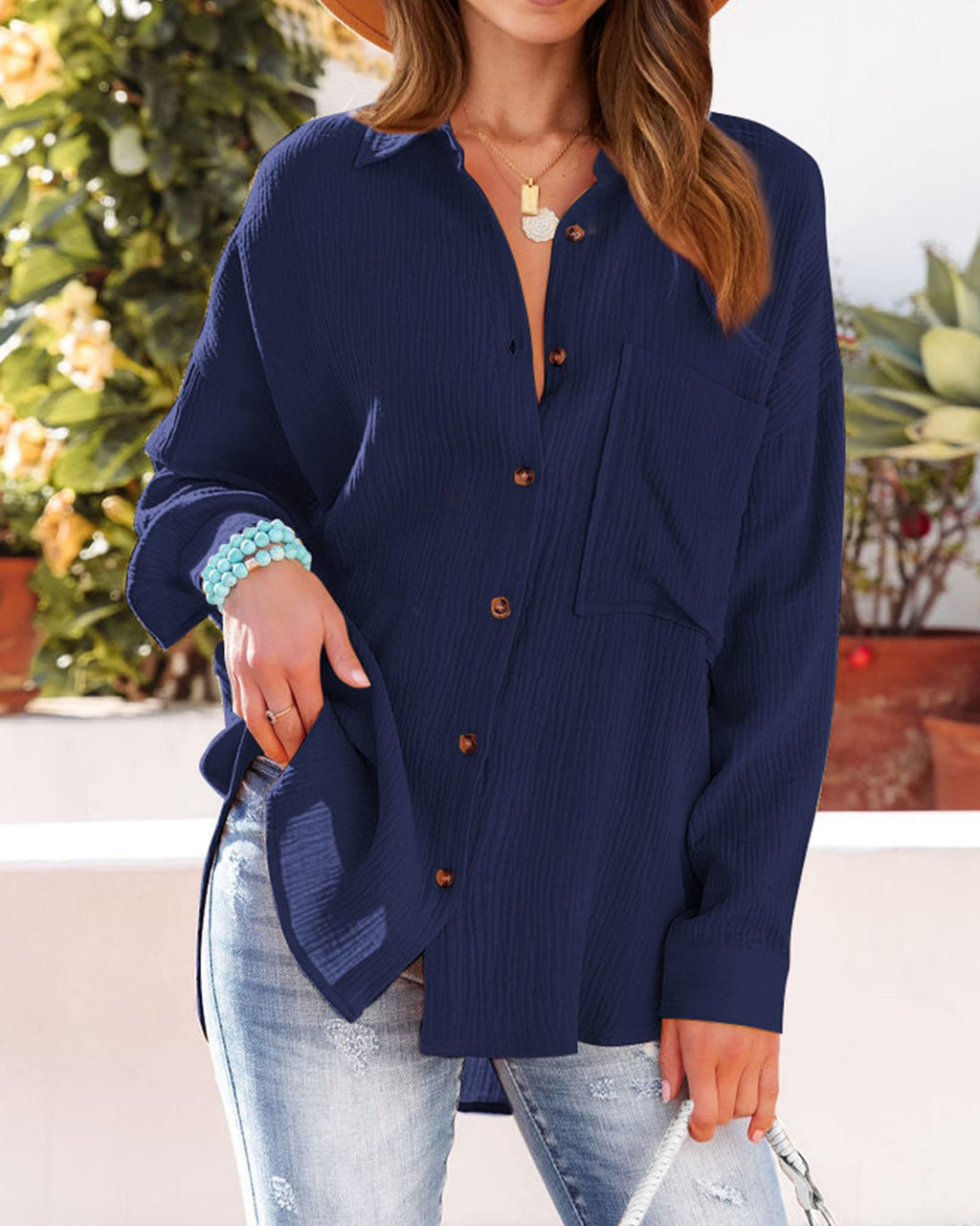 FreshPretty Casual Shirts for Women Long Sleeve Button Down Blouses Fall Solid Color Trendy Tops with Pocket