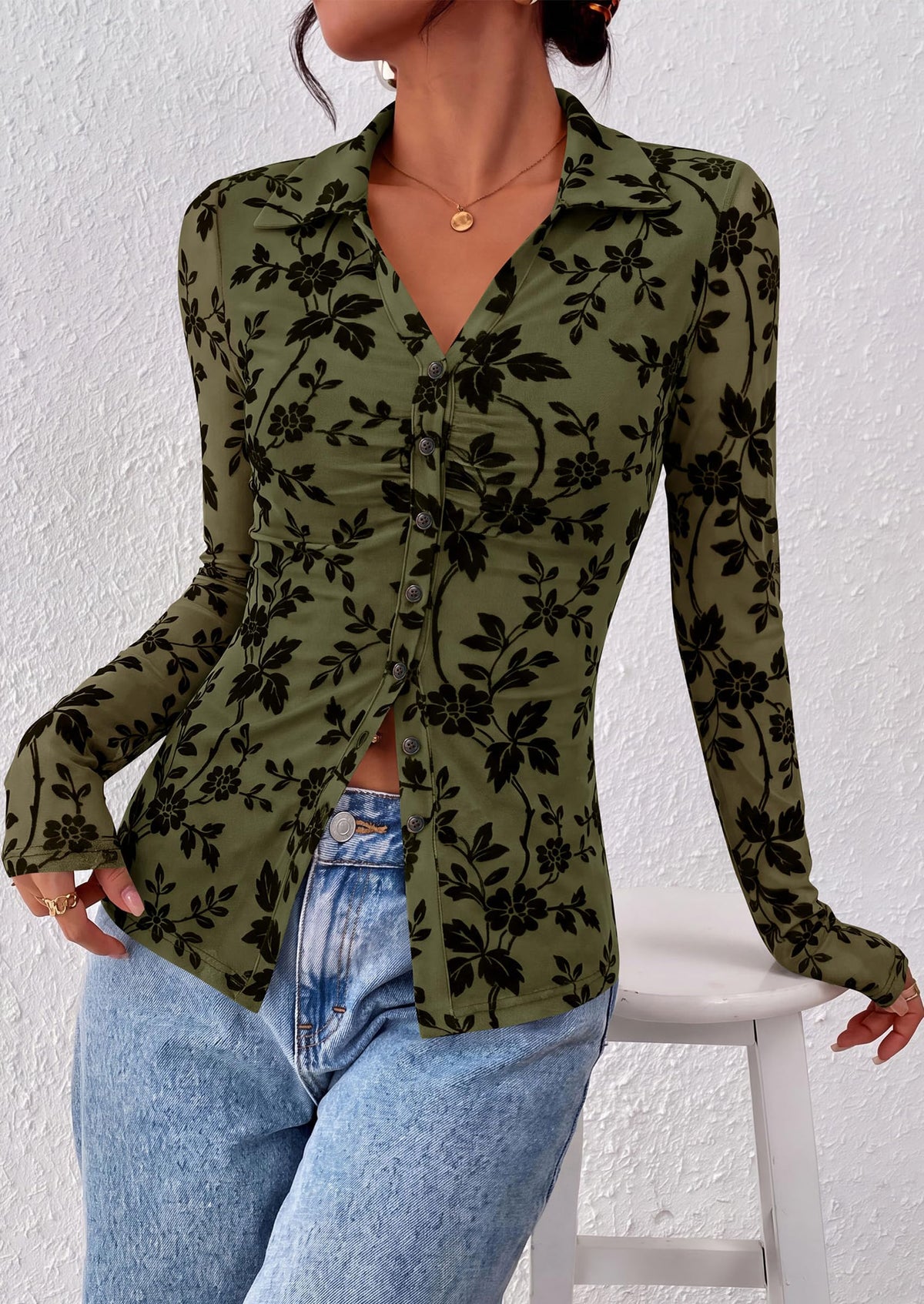 PRETTYGARDEN Women's Long Sleeve Floral Mesh Boho Tops Button Down Shirts Fall Blouses Dressy, Ruched Slim Fit, Collared V Neck, Trendy Going Out Date Night Outfit, Elegant Casual Work Office Clothes