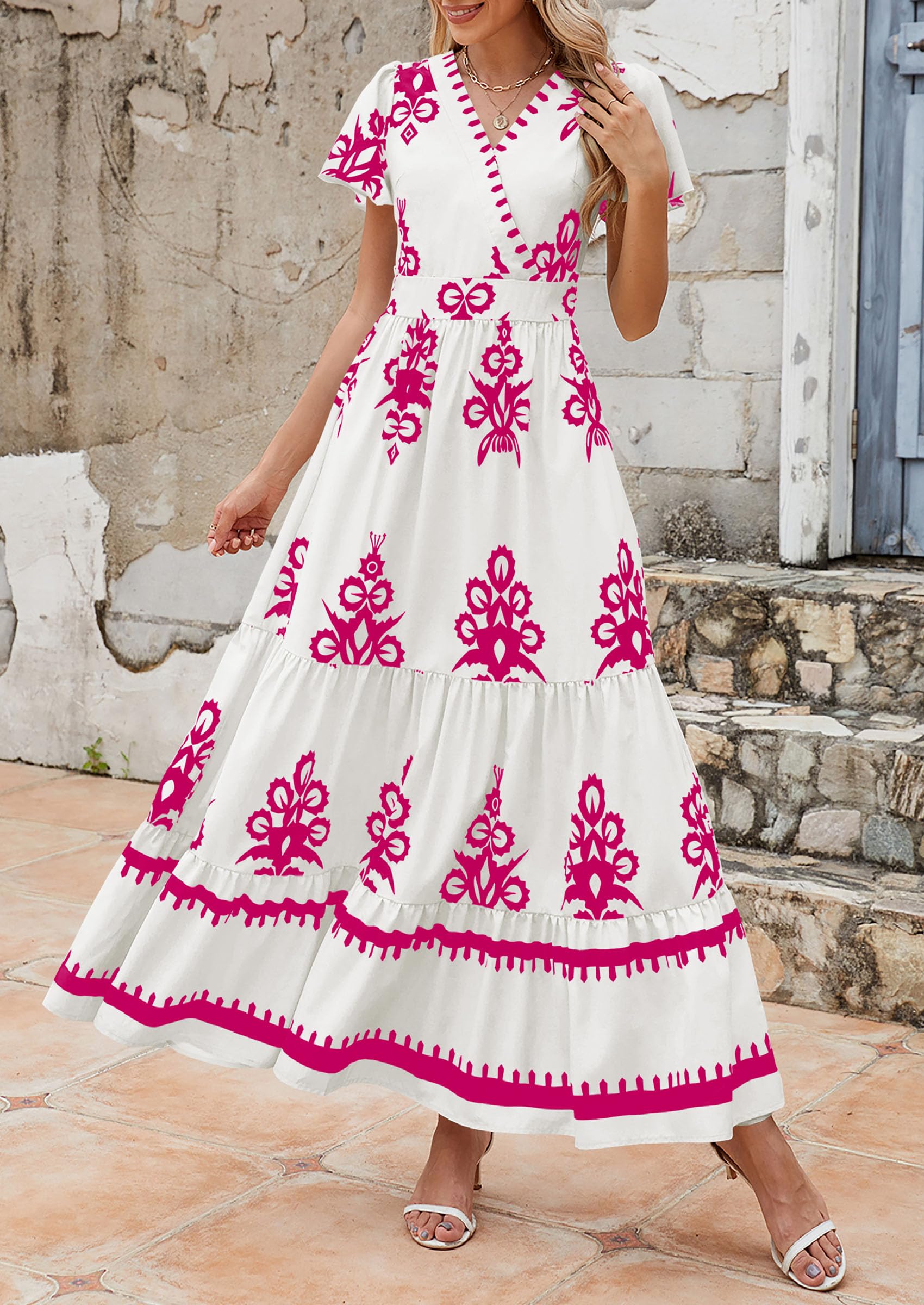 PRETTYGARDEN Womens Summer Casual V Neck Boho Maxi Dress Flowy Aline Bell Sleeve Tiered Floral Dresses with Pocket