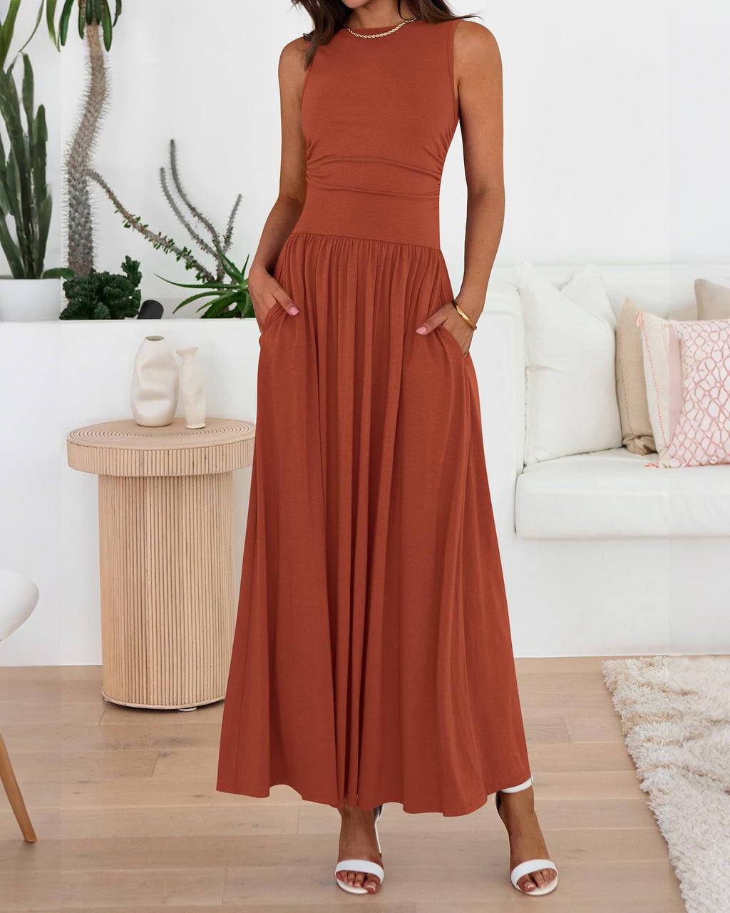 BTFBM Summer Maxi Dresses for Women Spring Sleeveless Casual Ruched High Waisted Long Sundress Flowy Beach Dress