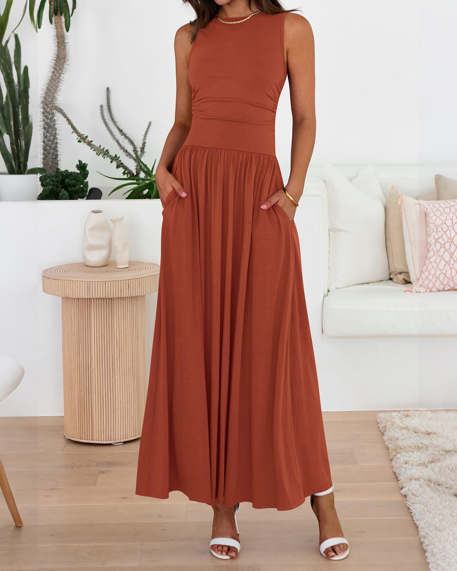 BTFBM Summer Maxi Dresses for Women Spring Sleeveless Casual Ruched High Waisted Long Sundress Flowy Beach Dress