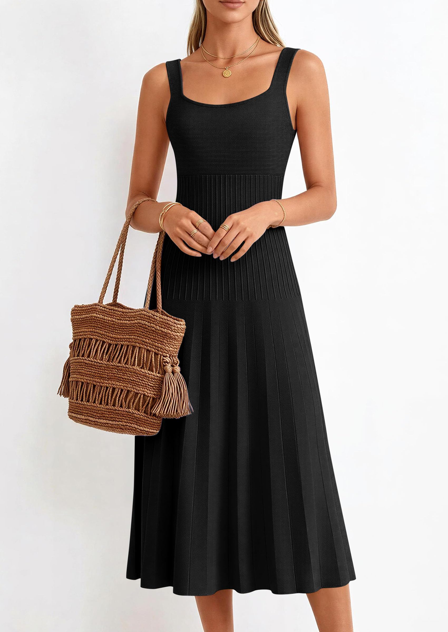 PRETTYGARDEN Spring Dresses for Women Summer Casual Sleeveless Square Neck A Line Knit Pleated Midi Cocktail Party Dress