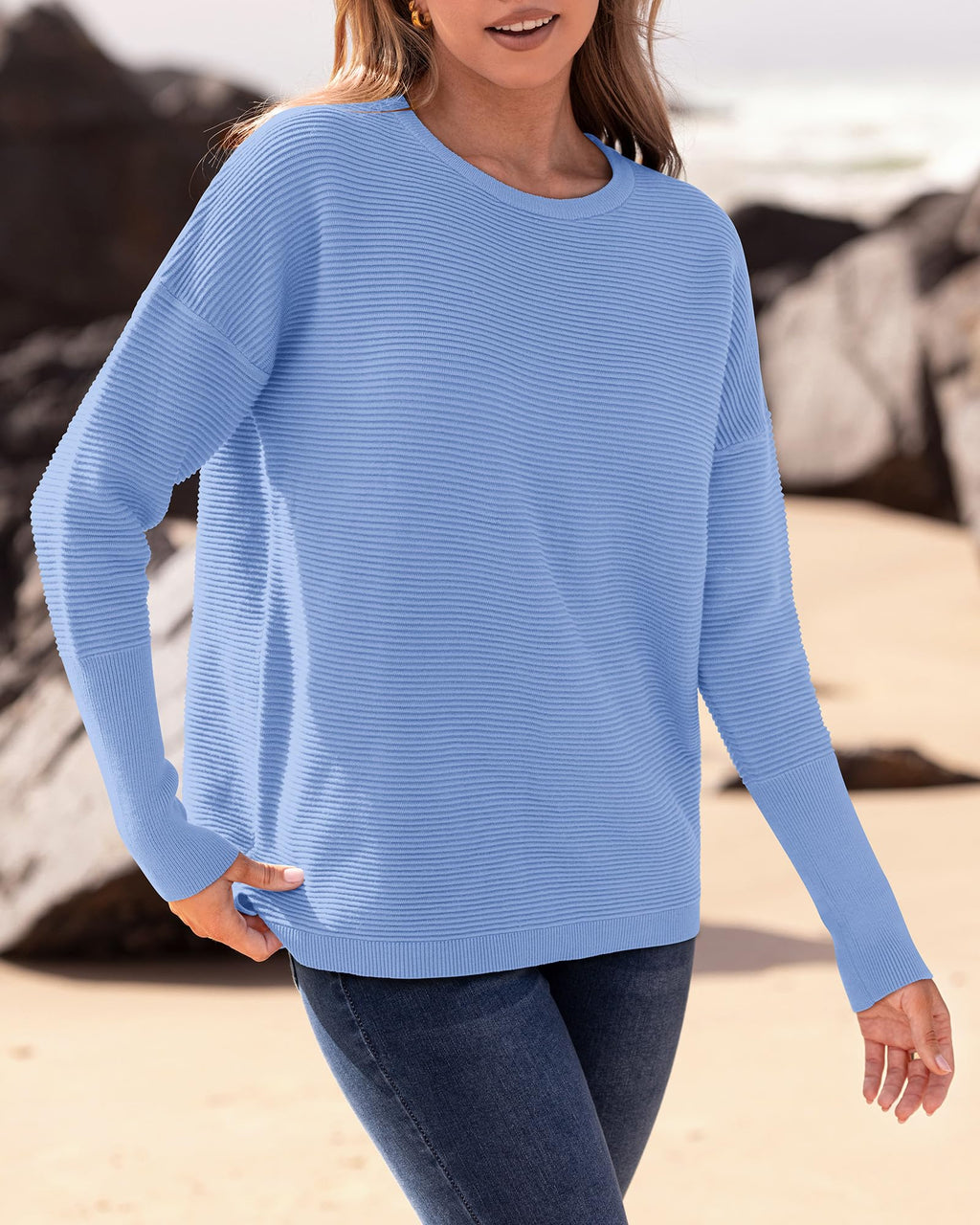 FreshPrettyFall Sweaters for Women Casual Long Sleeve Sweater Striped Loose Fit Pullover Tops