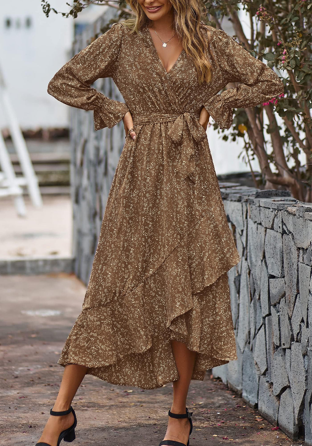 BTFBM Womens Dresses Summer V Neck Floral High Waist Ruffle Wedding Guest Cocktail Boho Spring Long Sleeve Dress
