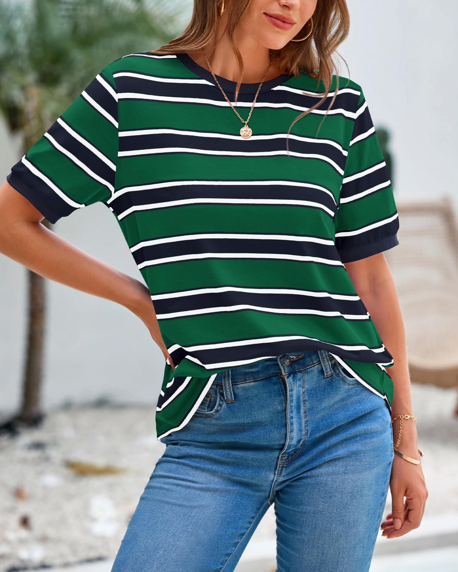 BTFBM Summer Tops for Women Crewneck Short Sleeve Striped T Shirts Casual Spring Clothes Color Block Basic Tee Blouses