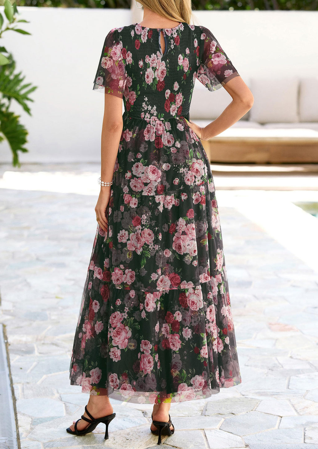 PRETTYGARDEN Tulle Floral Dress Women Summer Wedding Guest  Spring Short Sleeve Maxi Smocked Flowy Beach Party Dresses