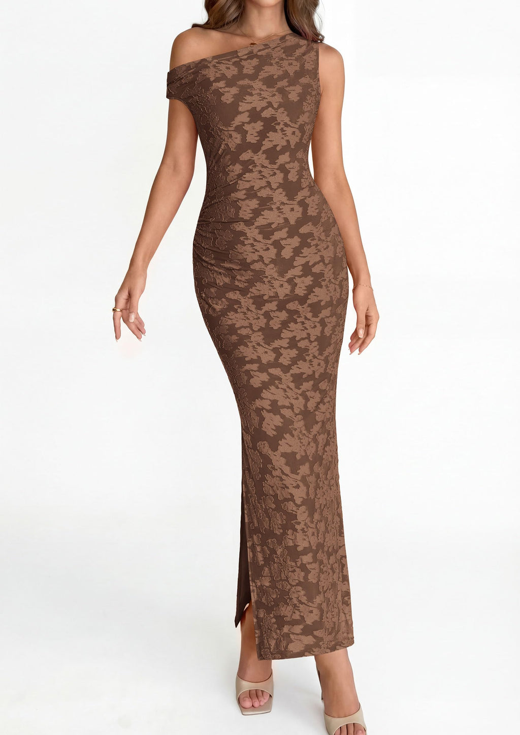 PRETTYGARDEN Womens Floral One Shoulder Maxi Dress Summer Spring Bodycon Ruched Side Slit Elegant Cocktail Party Dresses