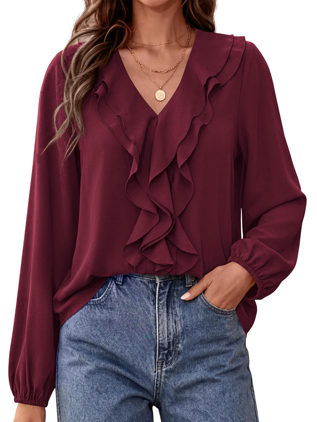 BTFBM Womens Fall Tops Ruffle Blouses Dressy Casual | Double Ruffled Collar V Neck Long Sleeve Shirts, Lightweight Fashion Clothing Trendy, Daily Business Office Work Clothes