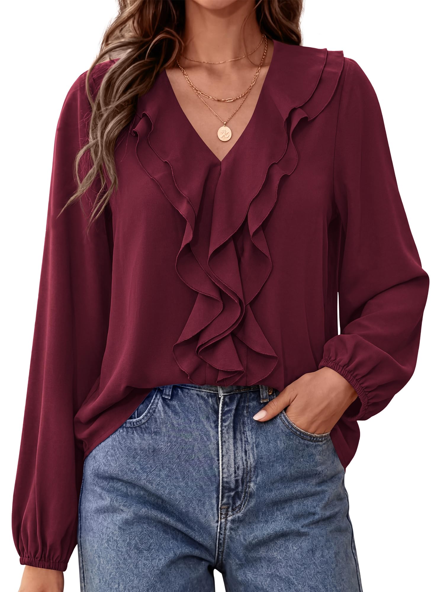 BTFBM Womens Fall Tops Ruffle Blouses Dressy Casual | Double Ruffled Collar V Neck Long Sleeve Shirts, Lightweight Fashion Clothing Trendy, Daily Business Office Work Clothes