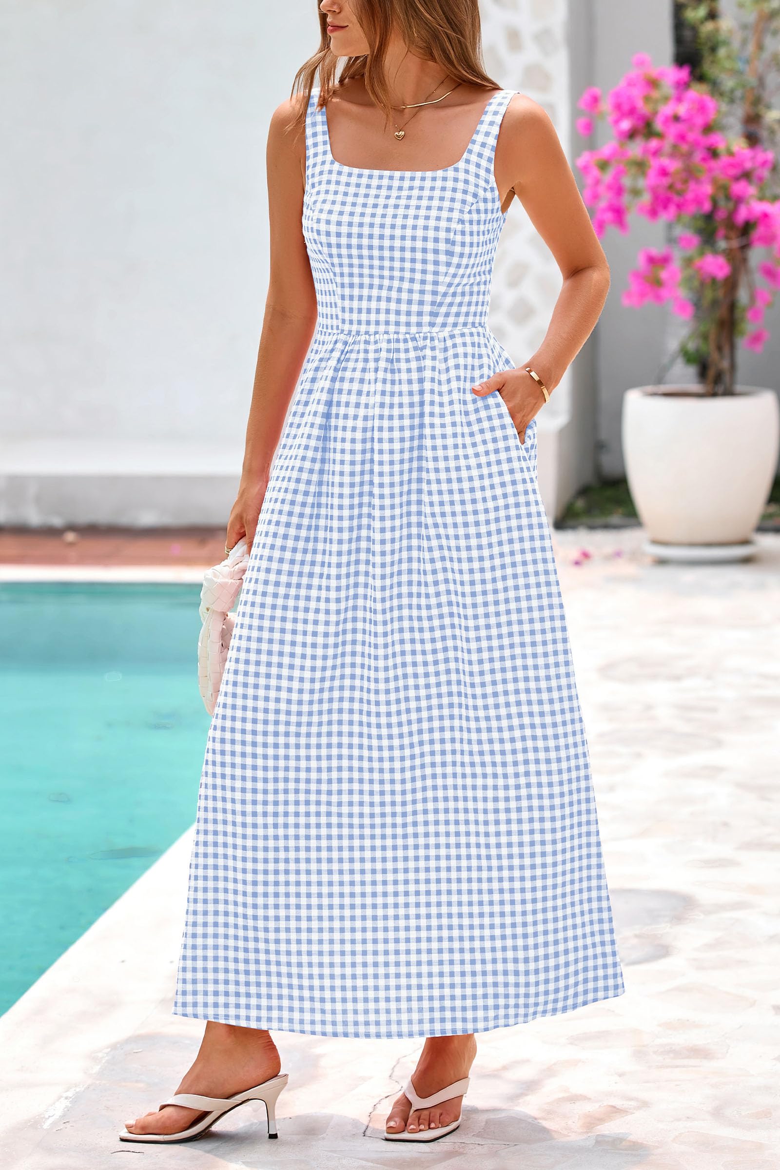 PRETTYGARDEN Women's Summer Spaghetti Strap Maxi Dresses Plaid Square Neck A Line Casual Beach Vacation Long Sundress
