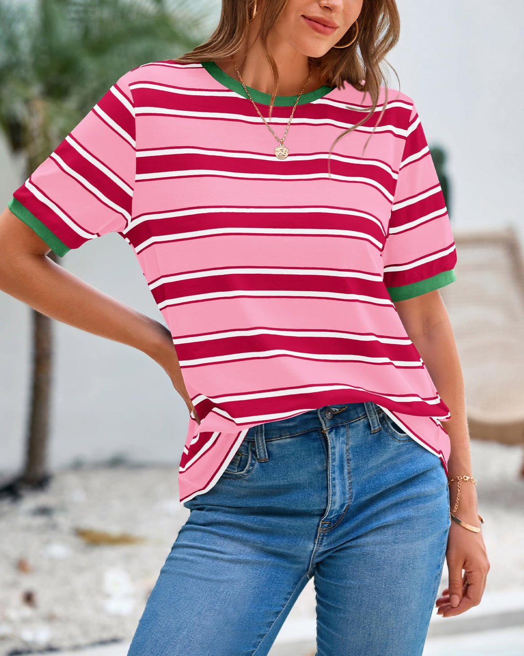 BTFBM Summer Tops for Women Crewneck Short Sleeve Striped T Shirts Casual Spring Clothes Color Block Basic Tee Blouses